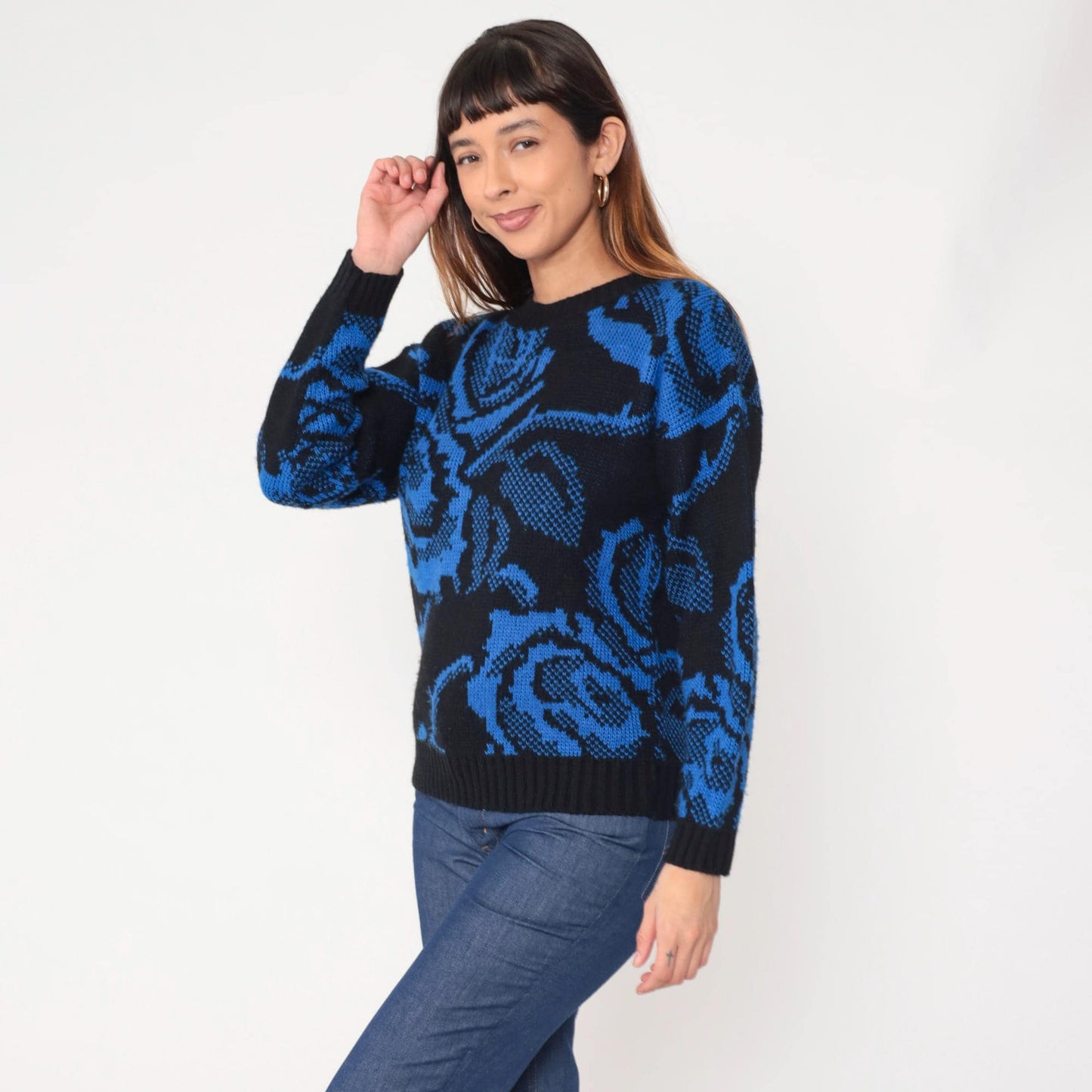80s Basic Outlook Floral Knit Sweater Blue Black Rose Pattern Crew Neck Medium M
