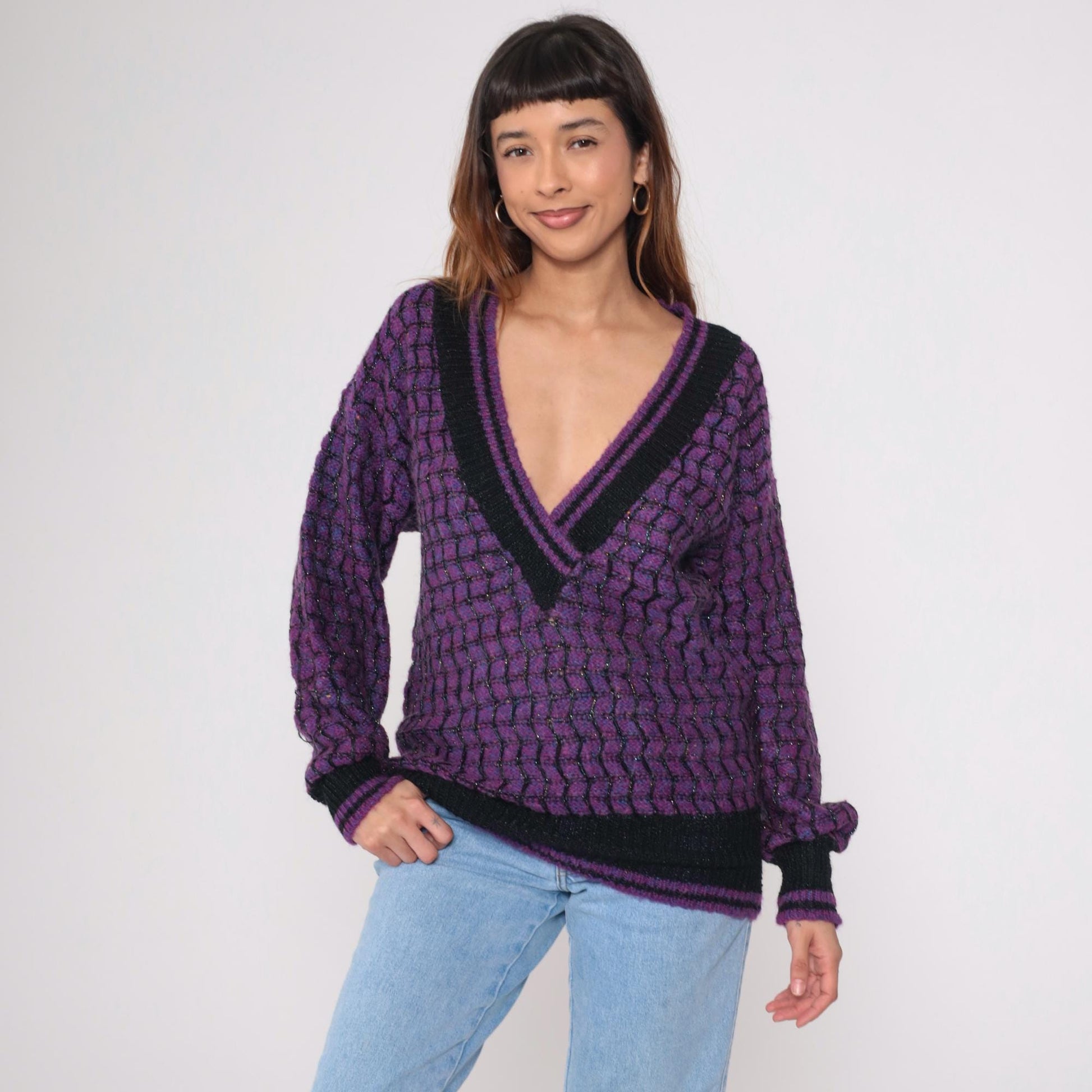 90s Max Bradley Purple Black Deep V Sweater Metallic Knit Large L