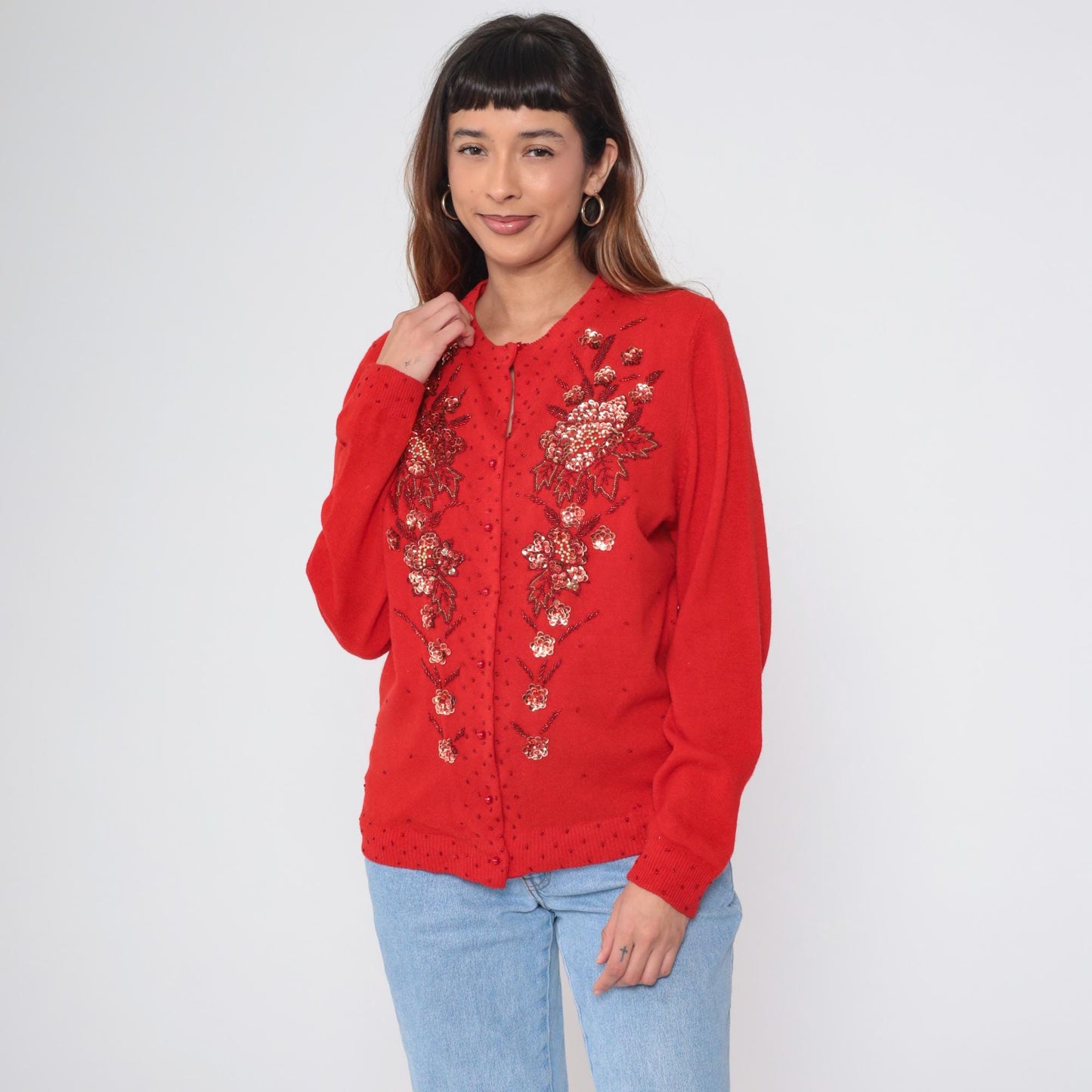 90s Red Beaded Floral Cardigan Wool Angora Blend Button Up Sequin Knitwear Large L