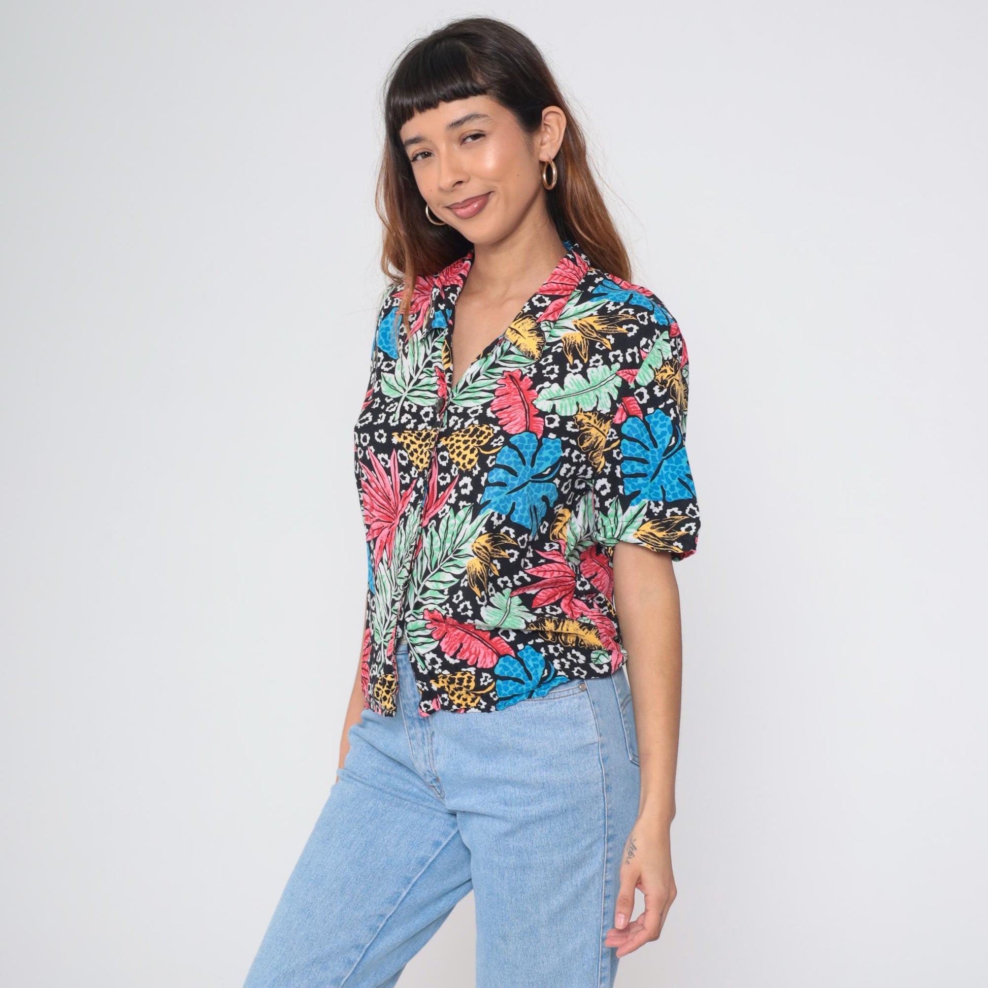 80s Black Hawaiian Shirt Tropical Orchid Floral Rayon Button Up Large