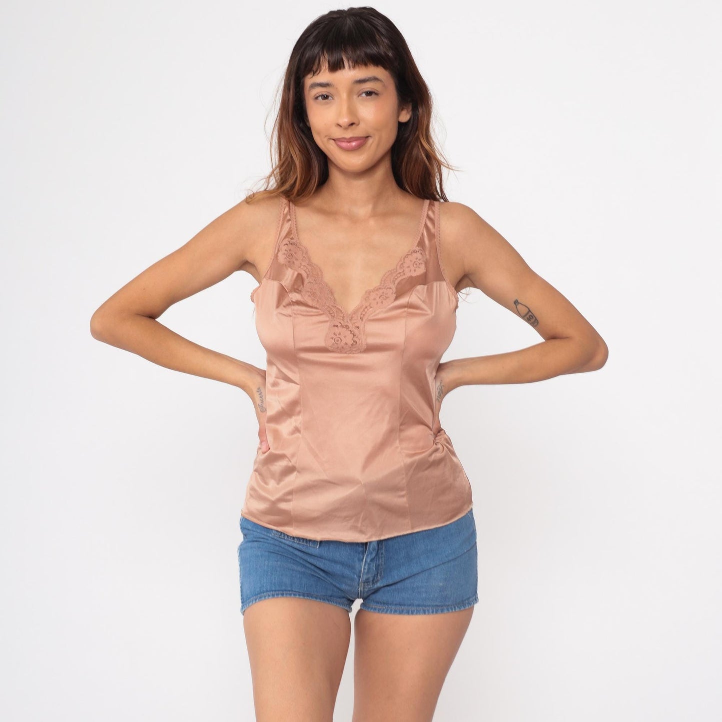 80s Beige Satin Camisole Lace Trim V-Neck Lingerie Tank Small