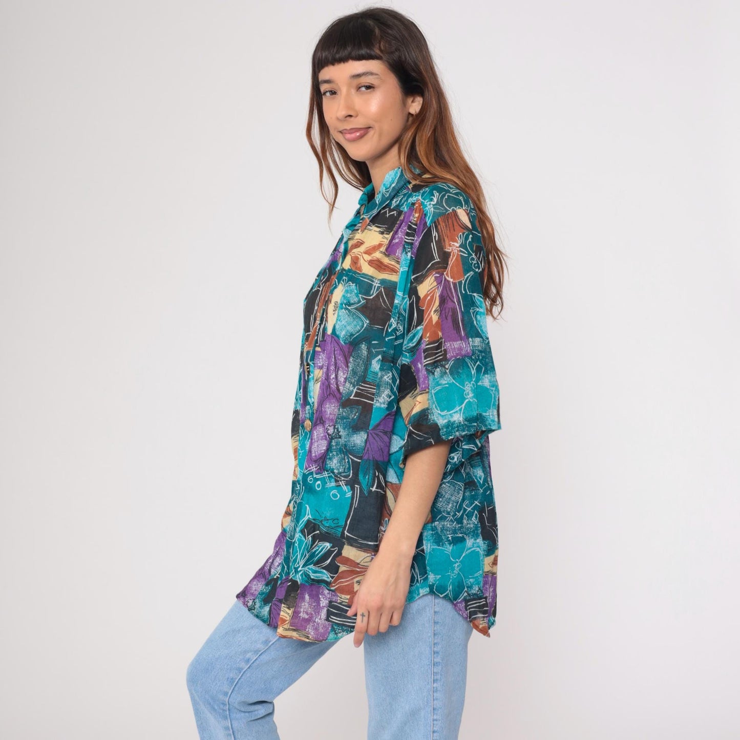 90s Joanna Abstract Watercolor Floral Button Down Blouse Teal Purple Extra Large