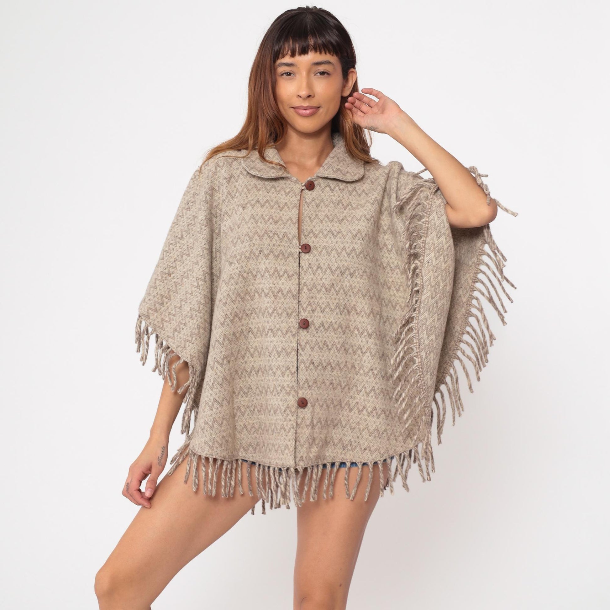 70s Wool Poncho Beige Brown Chevron Fringe Button Collar Cape One Size
