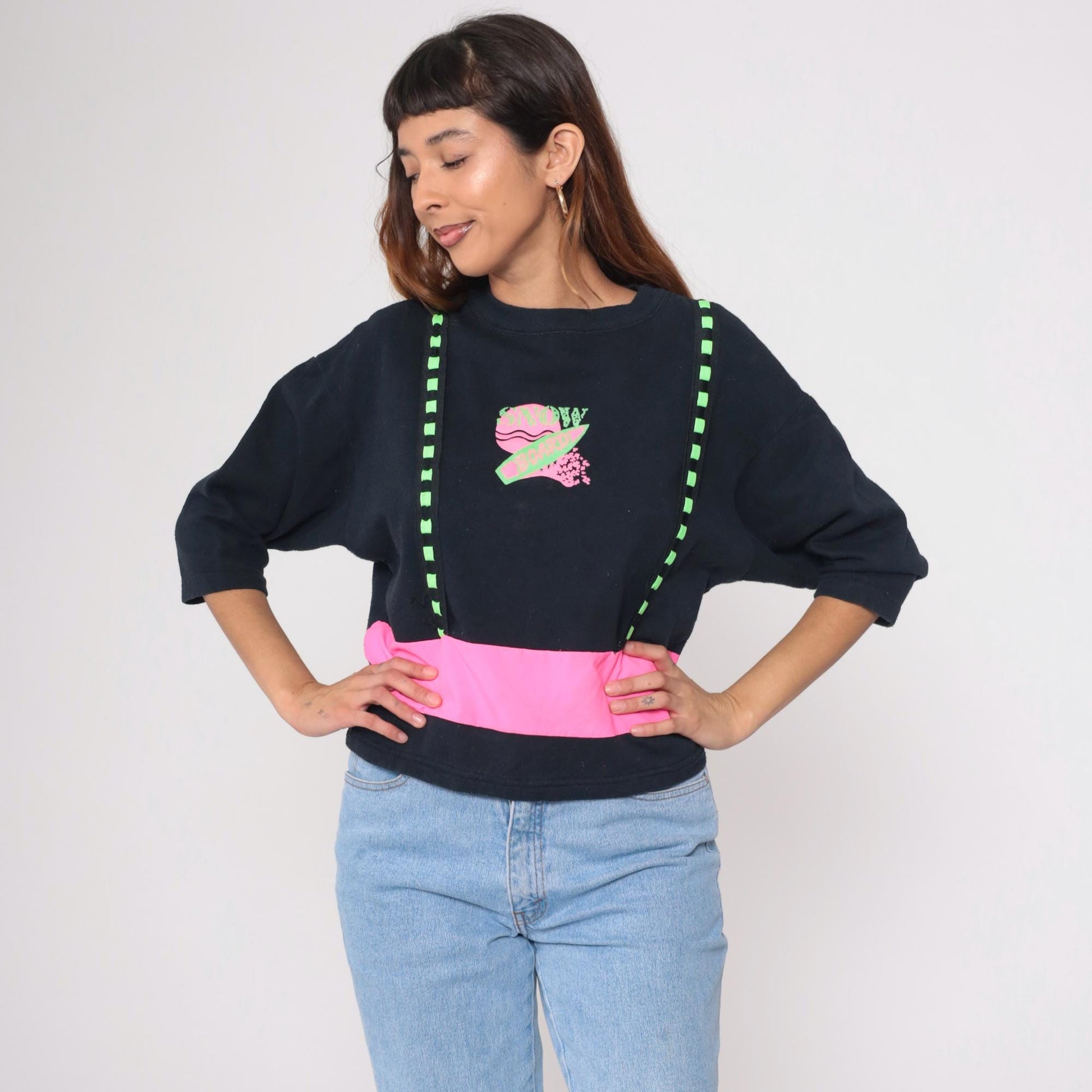90s Obvious Snowboard Sweatshirt Black Neon Pink Green Cropped Medium M