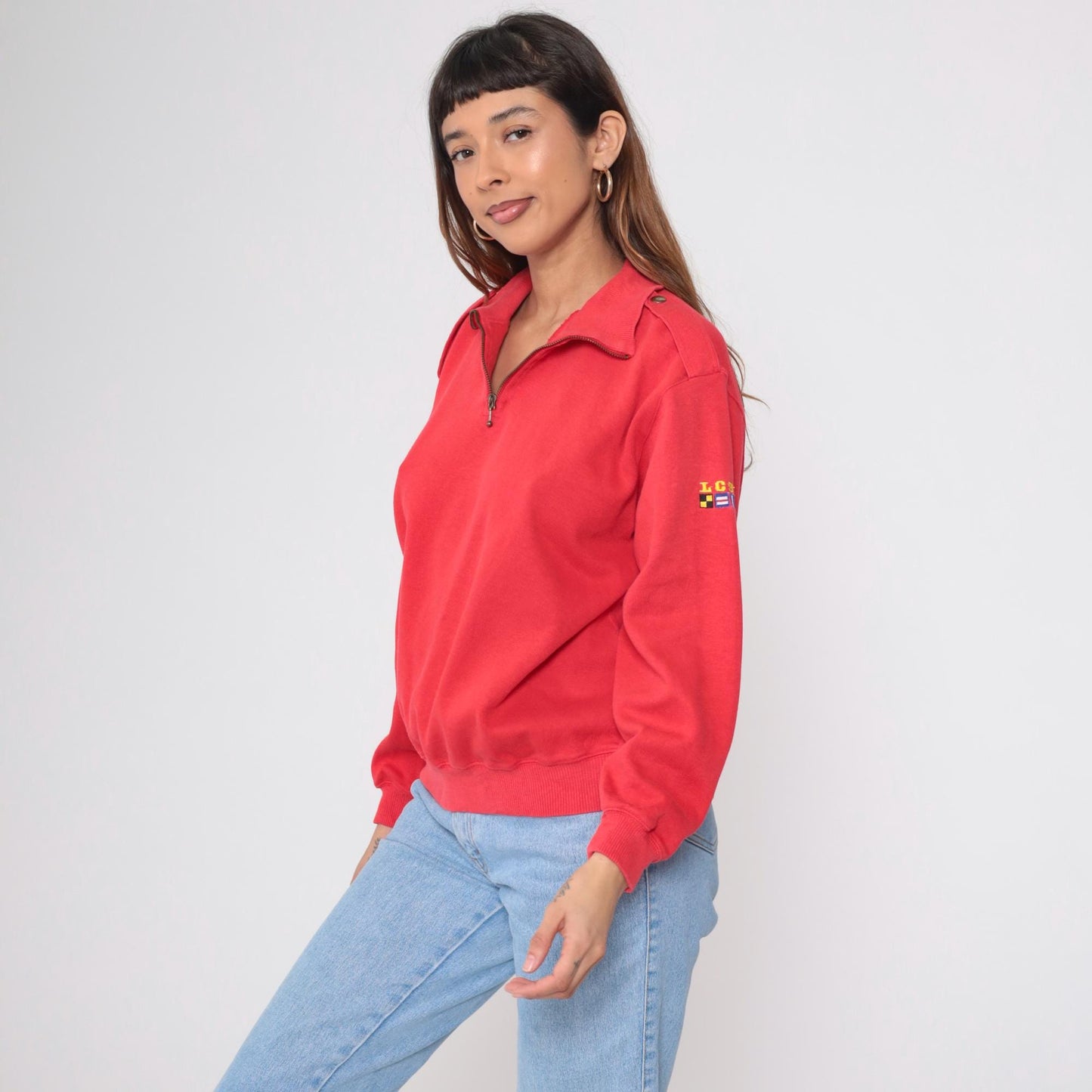90s Liz Sport Red Quarter Zip Sweatshirt Nautical Flag Embroidery Medium M