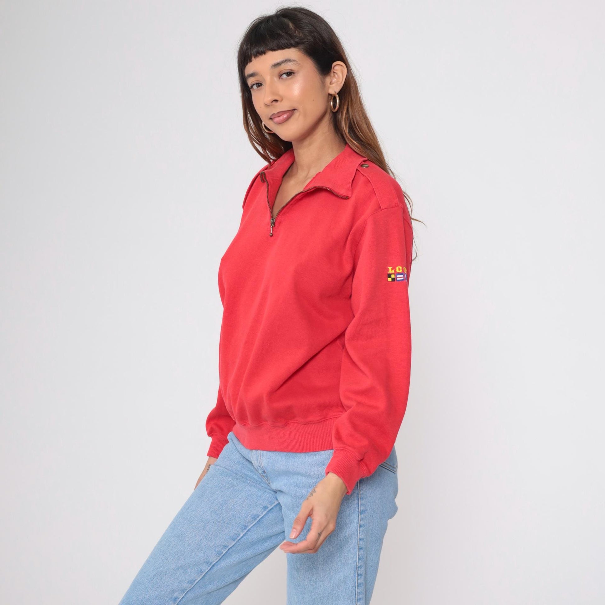 90s Liz Sport Red Quarter Zip Sweatshirt Nautical Flag Embroidery Medium M