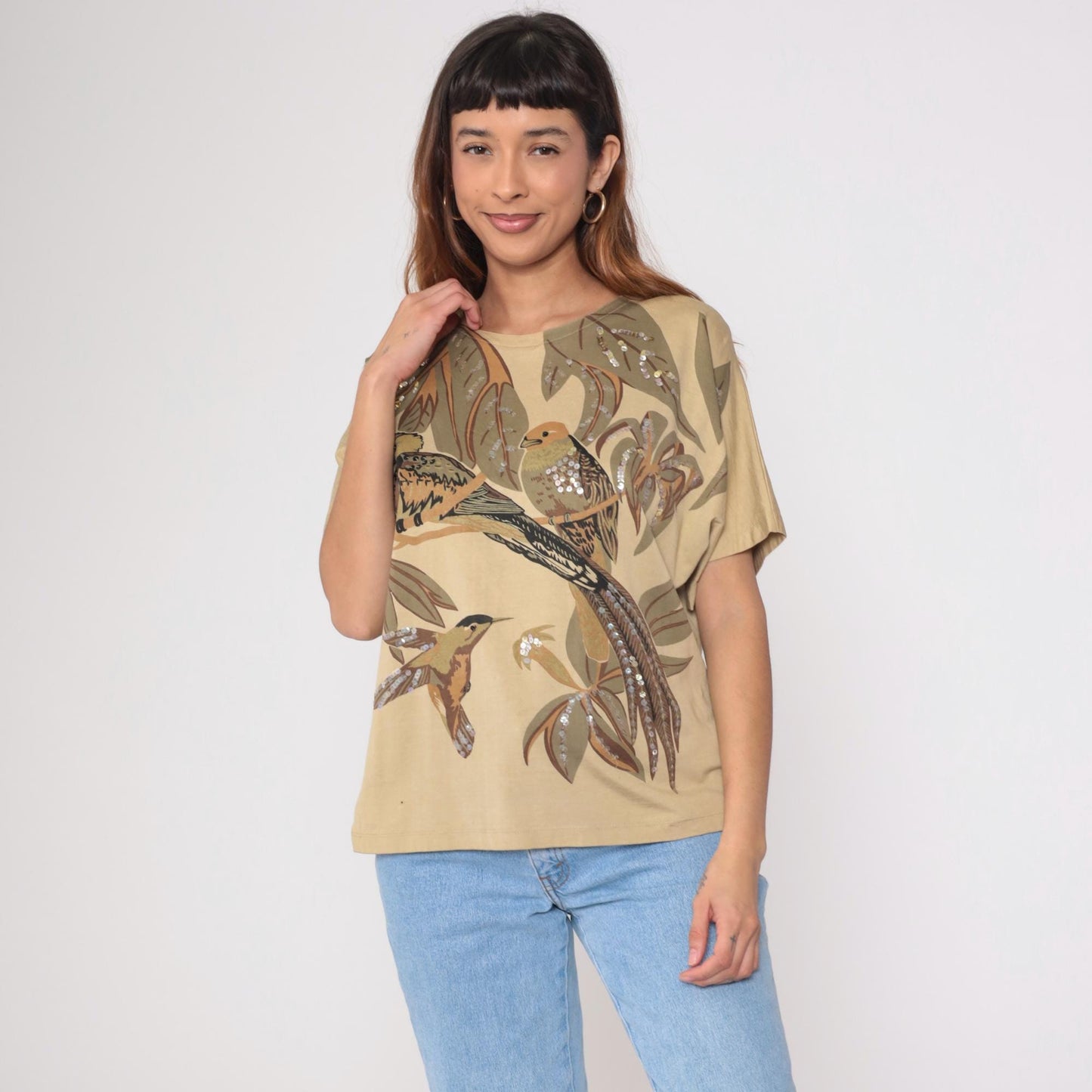 90s Tan Sequined Bird Print Boxy Tee Tropical Foliage Beaded Short Sleeve Large L
