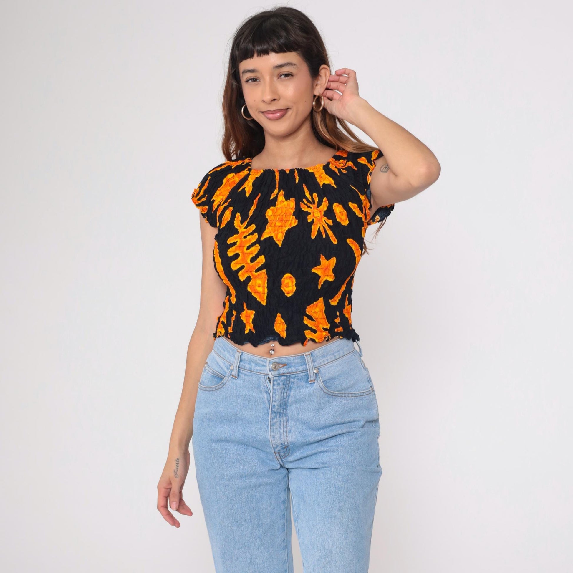 Y2K Shore Line Batik Smocked Crop Top Black Orange Cap Sleeve Small Medium