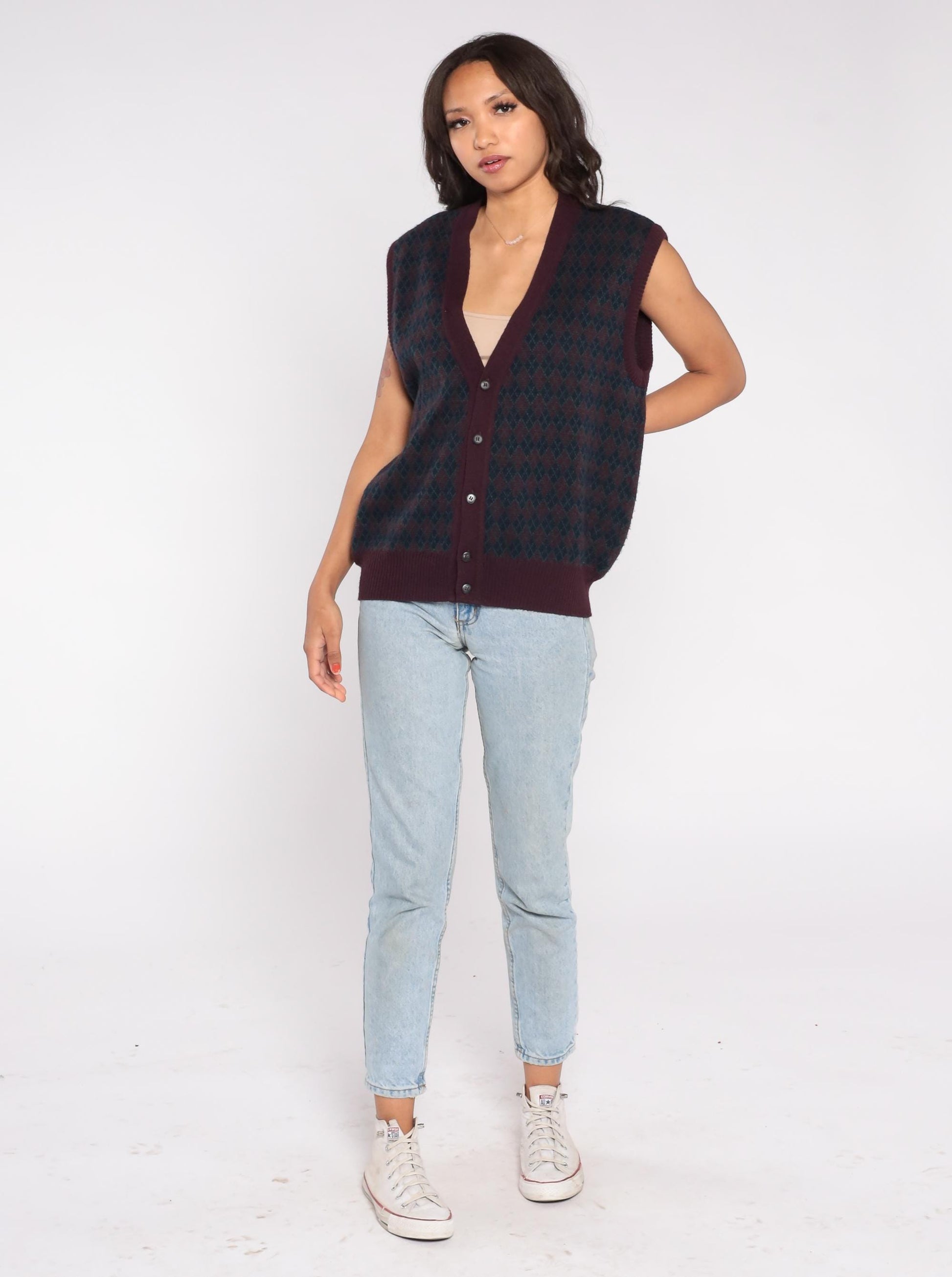 90s The Italian Sweater Co. Argyle Vest Burgundy Navy Green Wool Large L