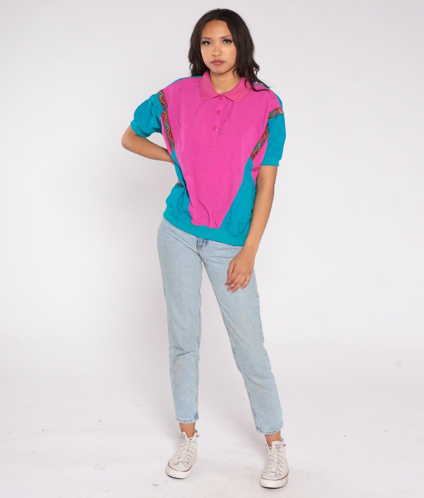 90s Lavon Color Block Polo Hot Pink Teal Nylon Short Sleeve Medium M