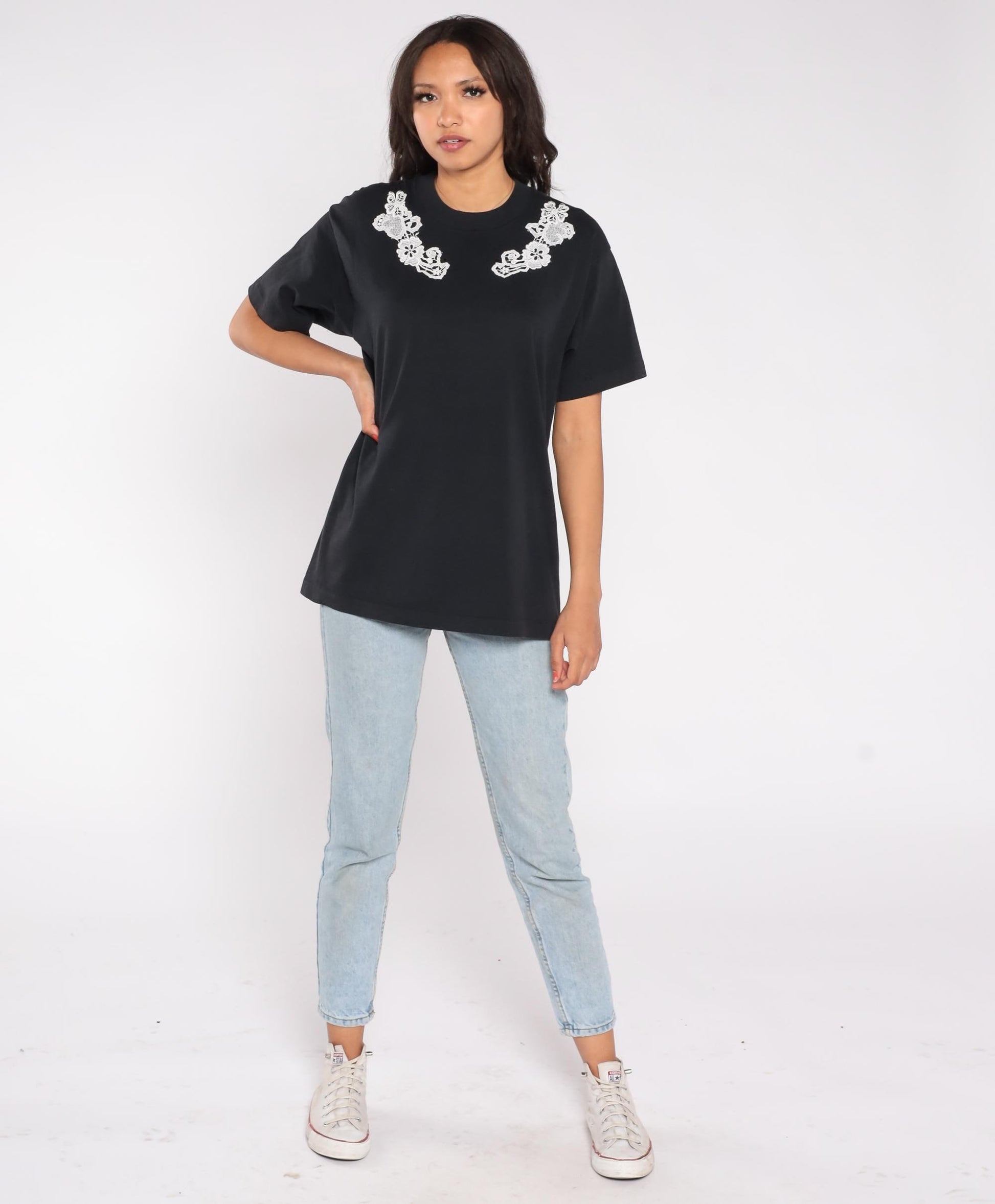 90s Screen Stars Best Black Lace Applique Crew Neck Tee Large L