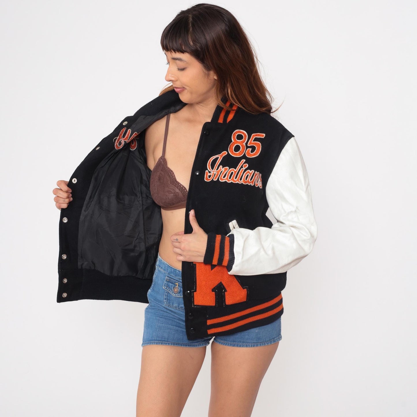 80s Terry Indians Varsity Letterman Jacket Wool Leather Small