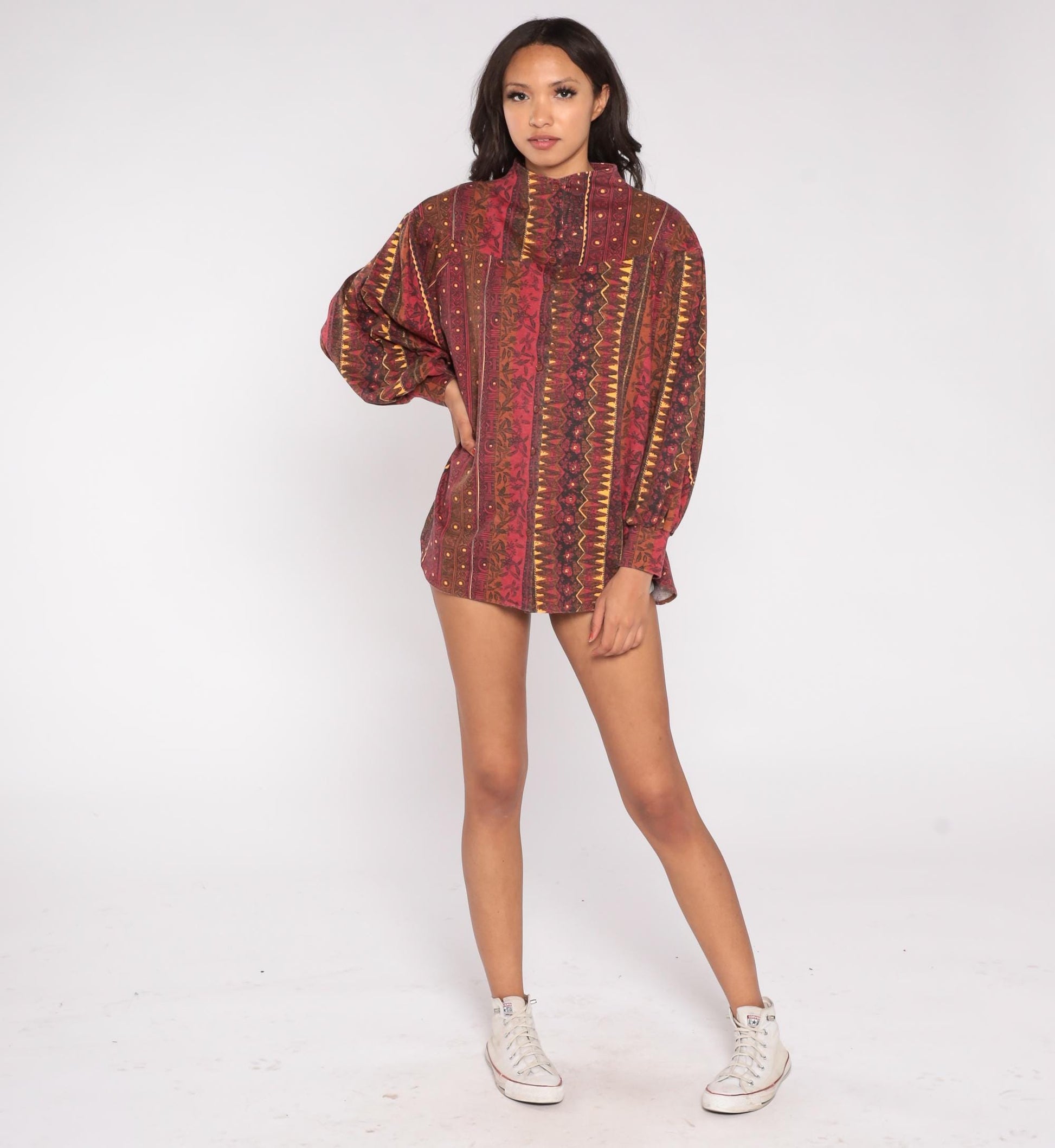 90s Mike & Me Moon Craft Burgundy Geometric Tribal Button Up Blouse One Size