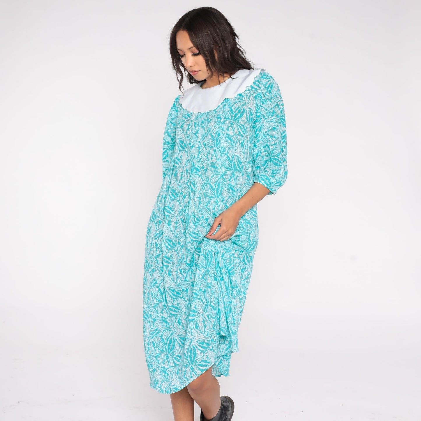 80s Kathryn & Co Leaf Print Midi Dress Teal Peter Pan Collar Puff Sleeve Medium