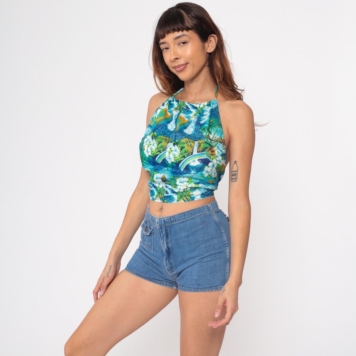 1960s Hawaiian Halter Crop Top Tropical Print Blue White Small S