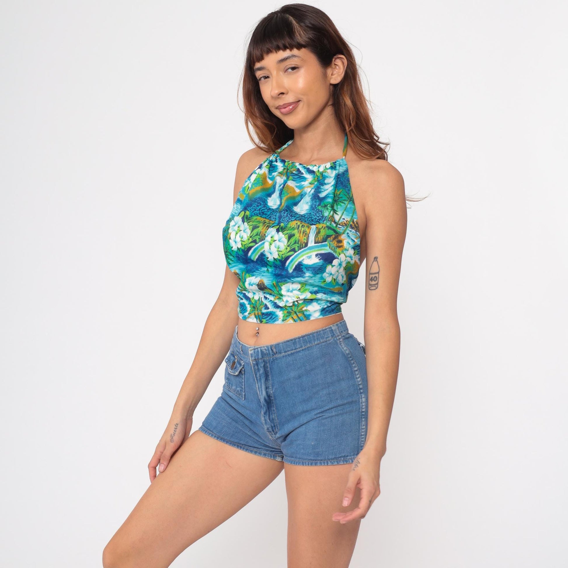 1960s Hawaiian Halter Crop Top Tropical Print Blue White Small S