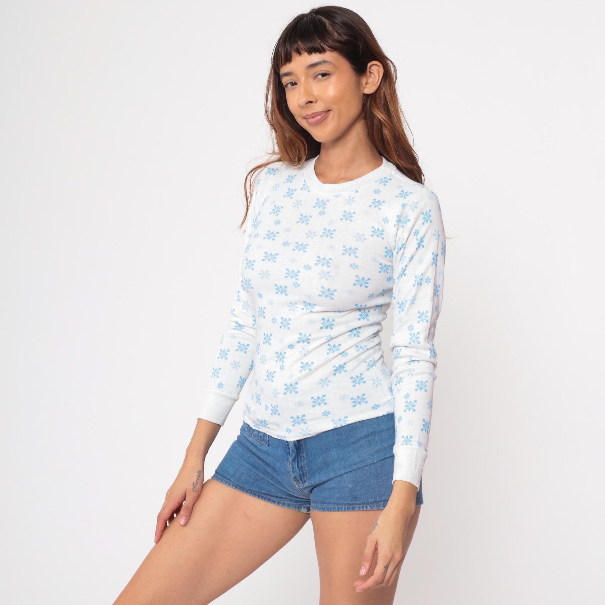 80s Winterskins Snowflake Thermal Long Sleeve Shirt White Blue Small