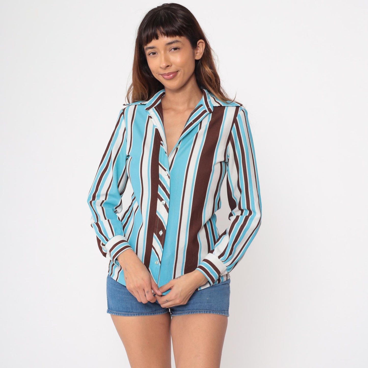 70s Striped Button-Up Blouse Turquoise Brown White Vertical Polyester Small