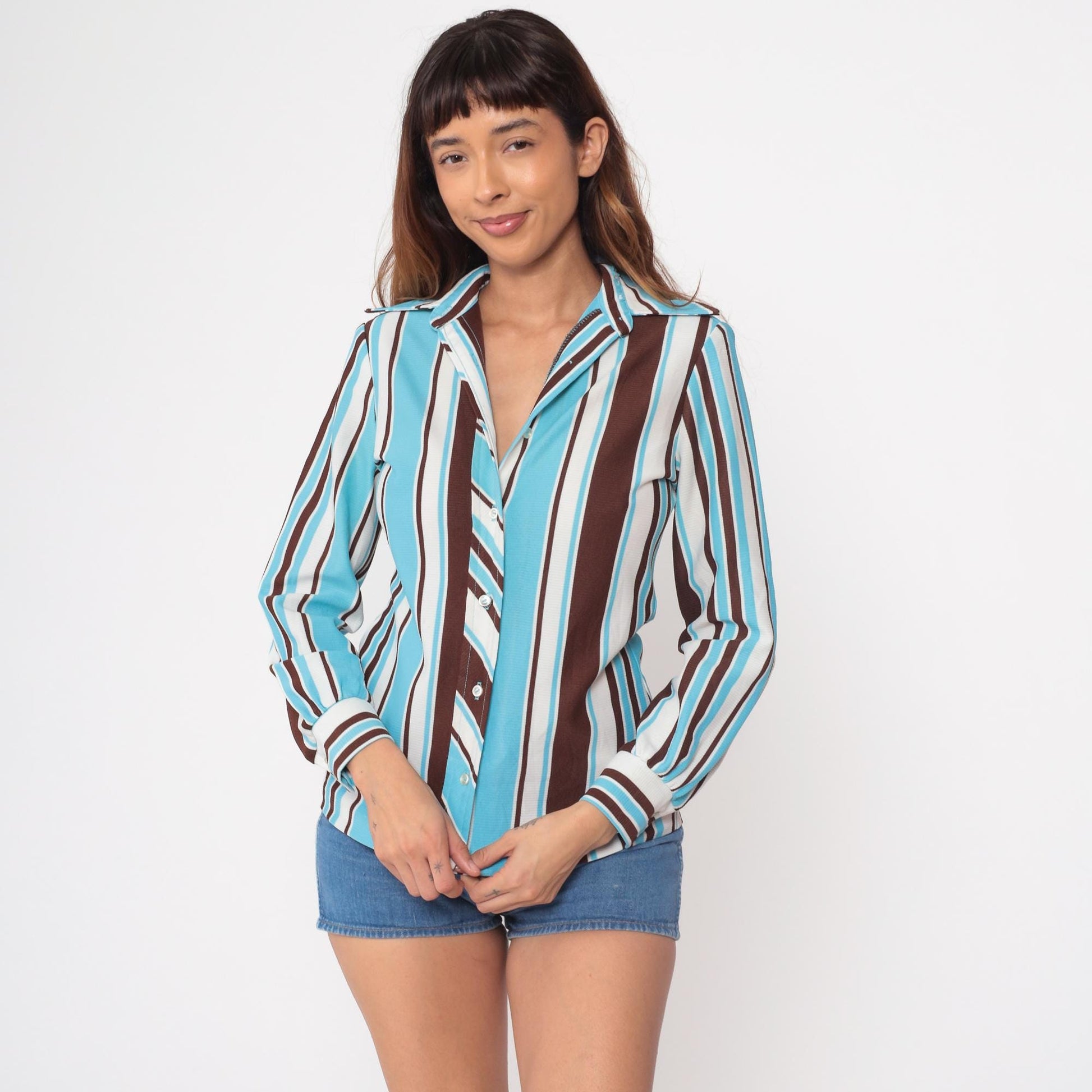 70s Striped Button-Up Blouse Turquoise Brown White Vertical Polyester Small