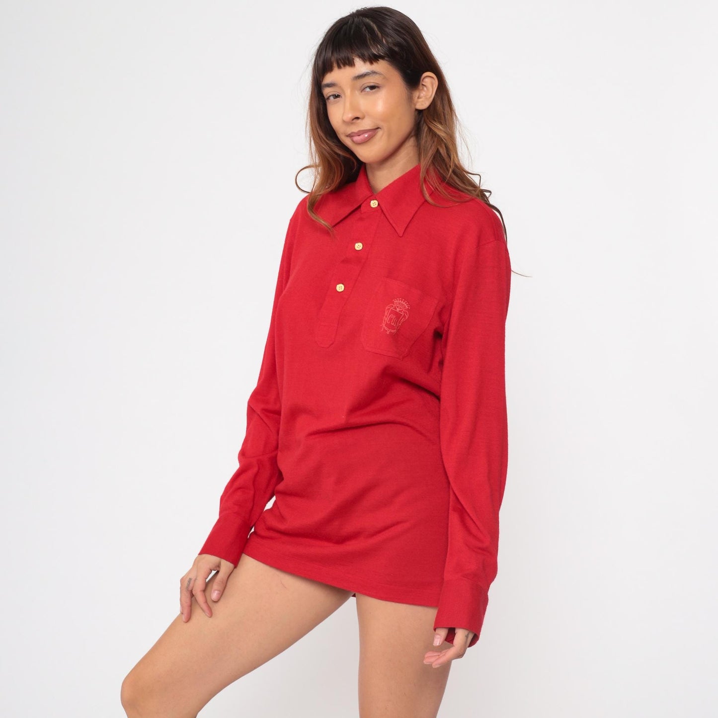 70s Countess Mara Red Polo Shirt Gold Buttons Embroidered Crest Large L