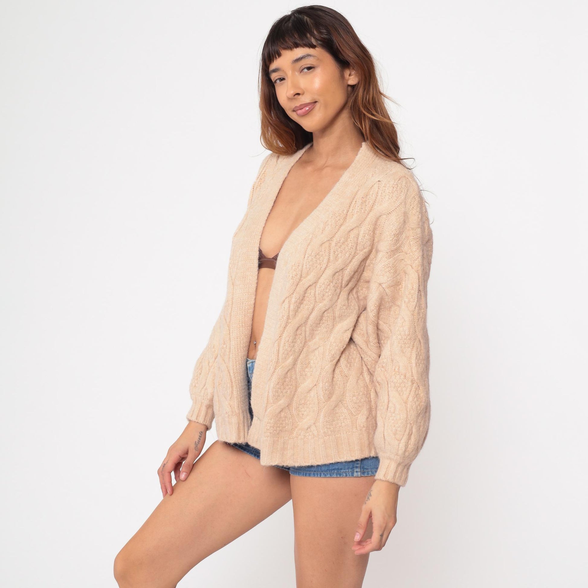 80s Cable Knit Cardigan Cream Wool Fisherman Chunky Knit Small