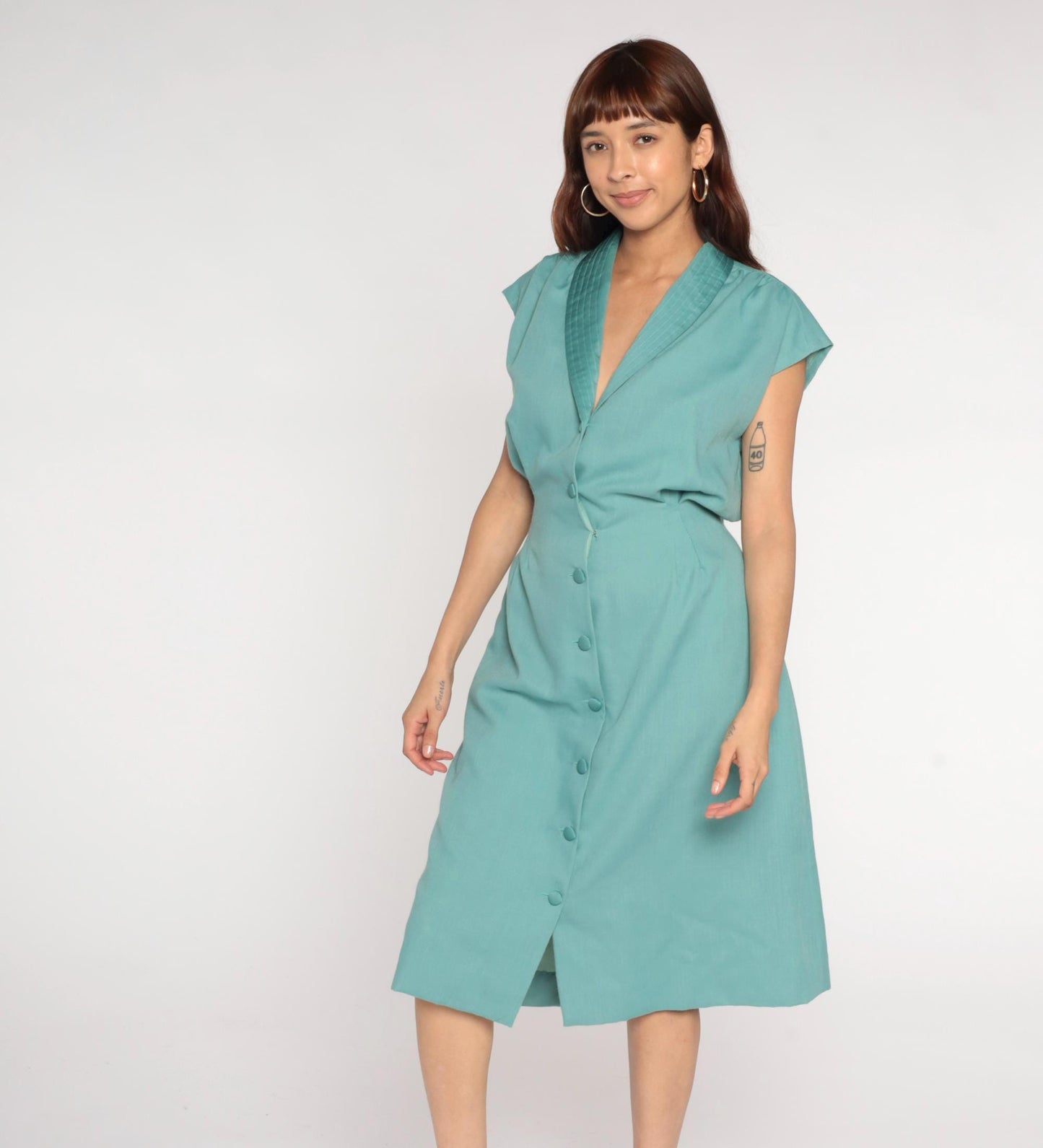 70s Turquoise Blazer Dress Quilted Collar Cap Sleeve Midi Tie Waist Large