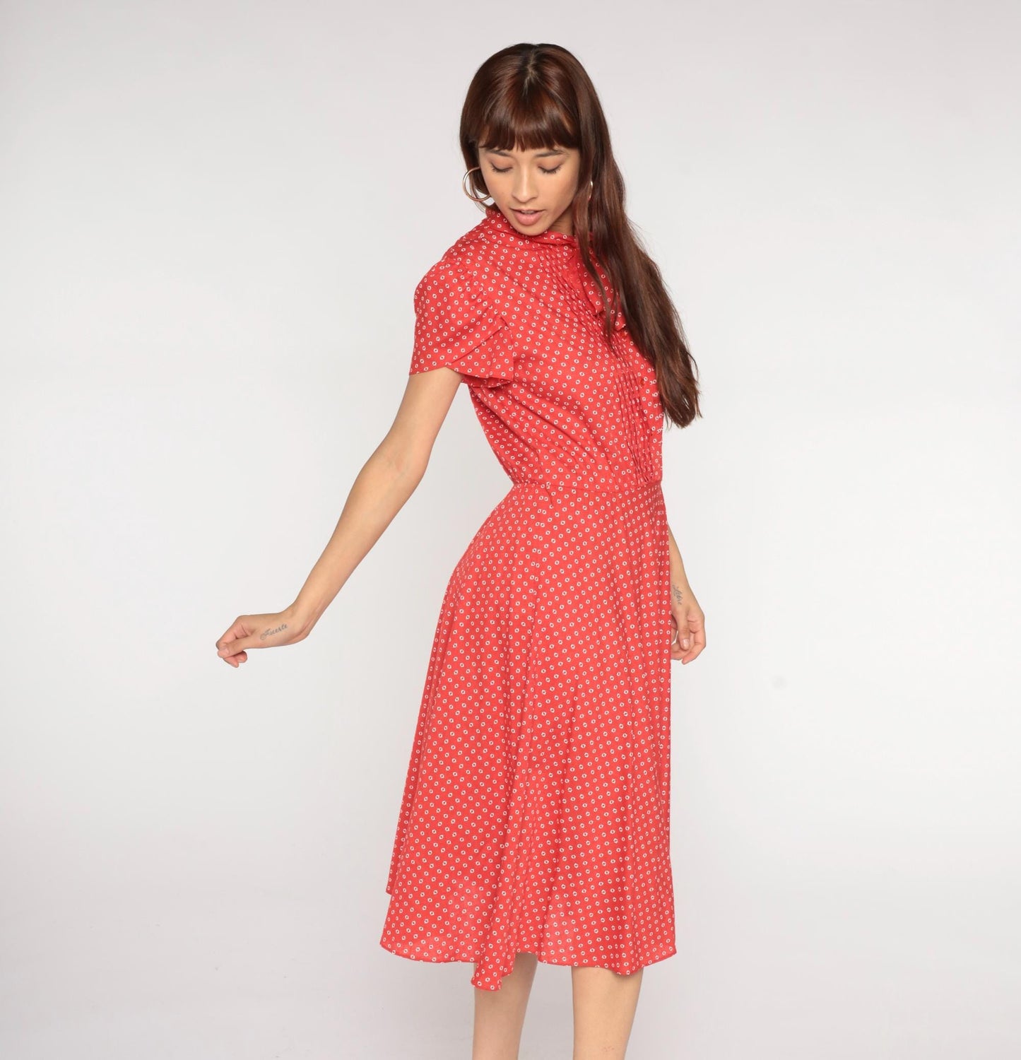 1970s Robbie Bee Red Geometric Diamond Print Midi Dress Bow Tie Medium