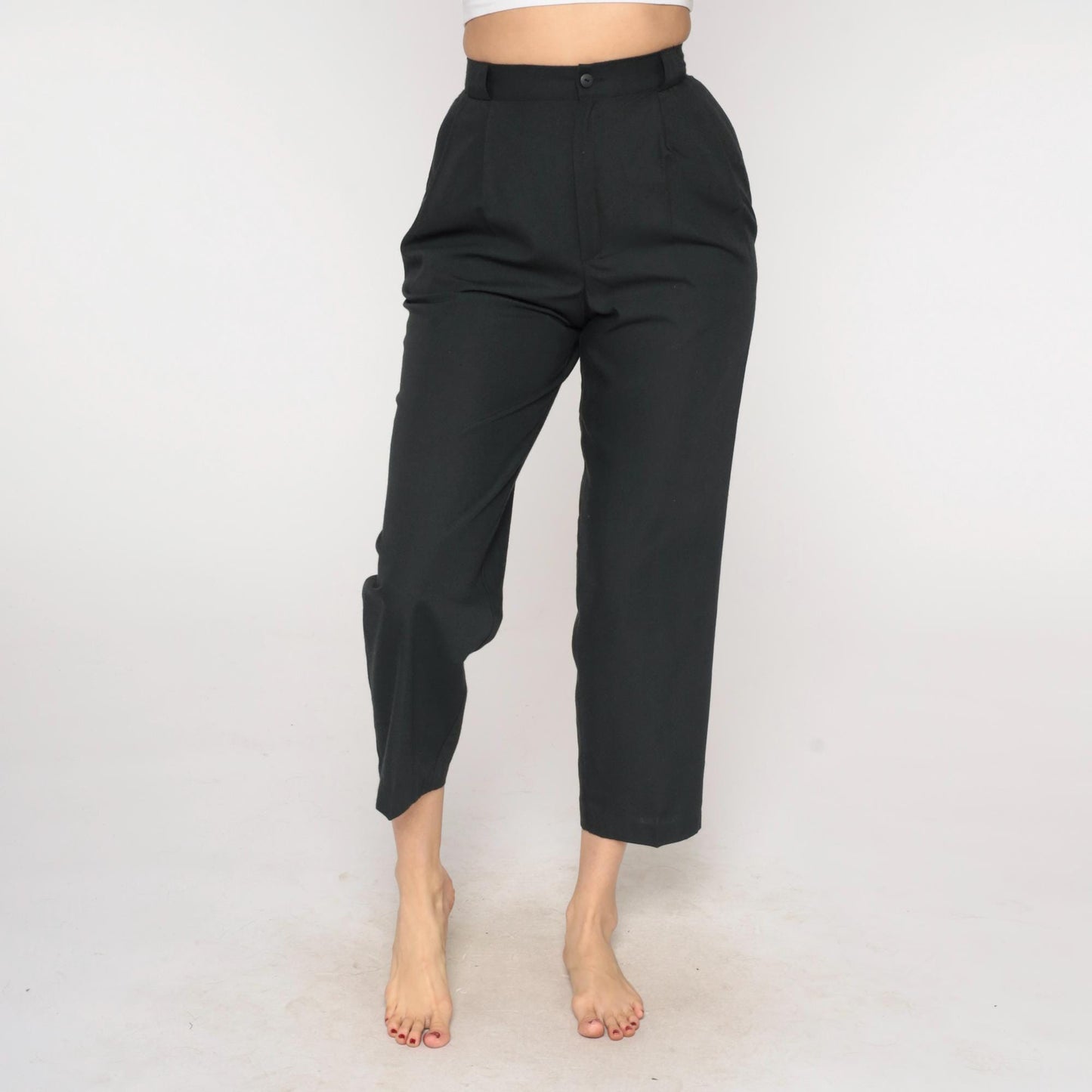 80s Black Pleated High-Waist Tapered Trousers Cropped Leg Small