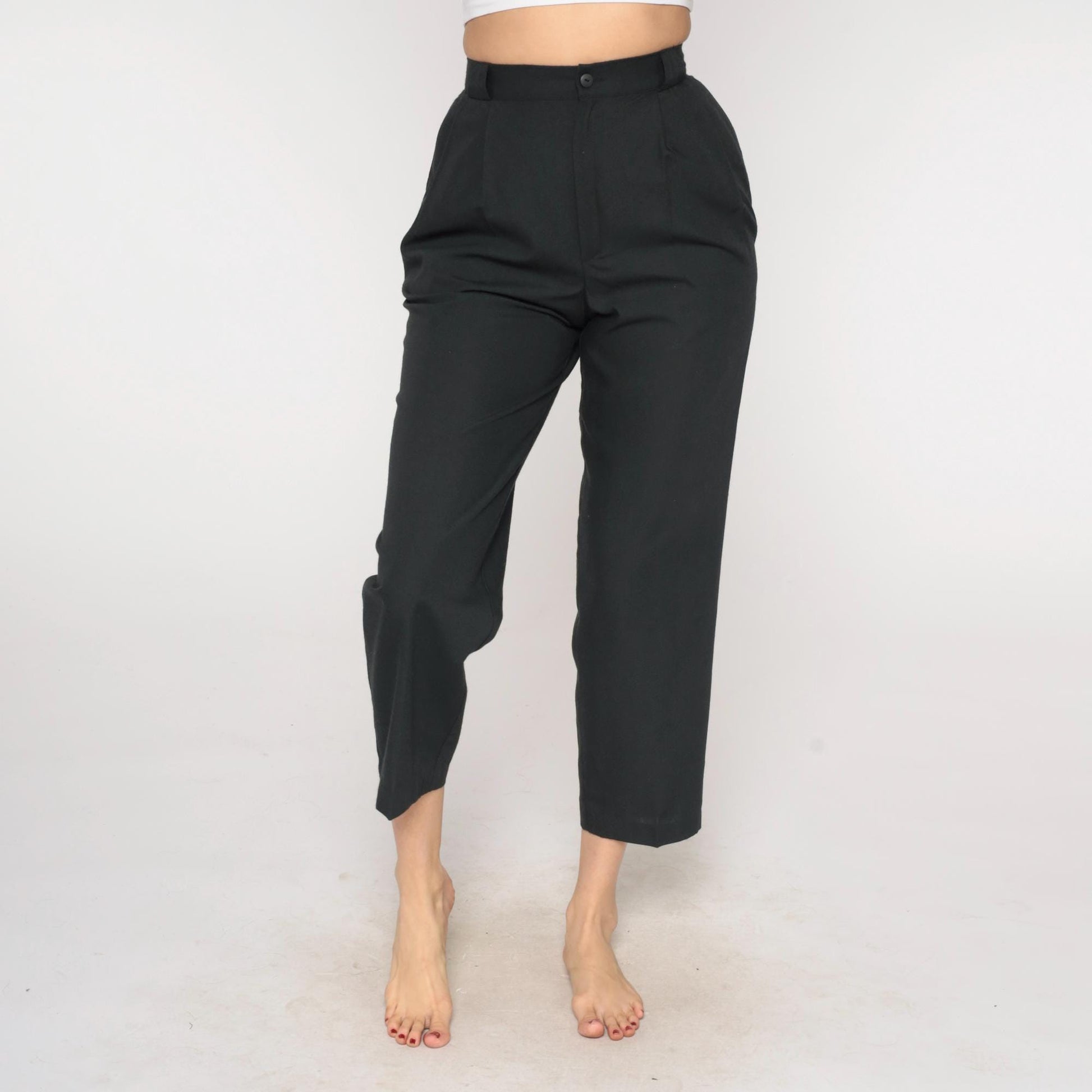 80s Black Pleated High-Waist Tapered Trousers Cropped Leg Small