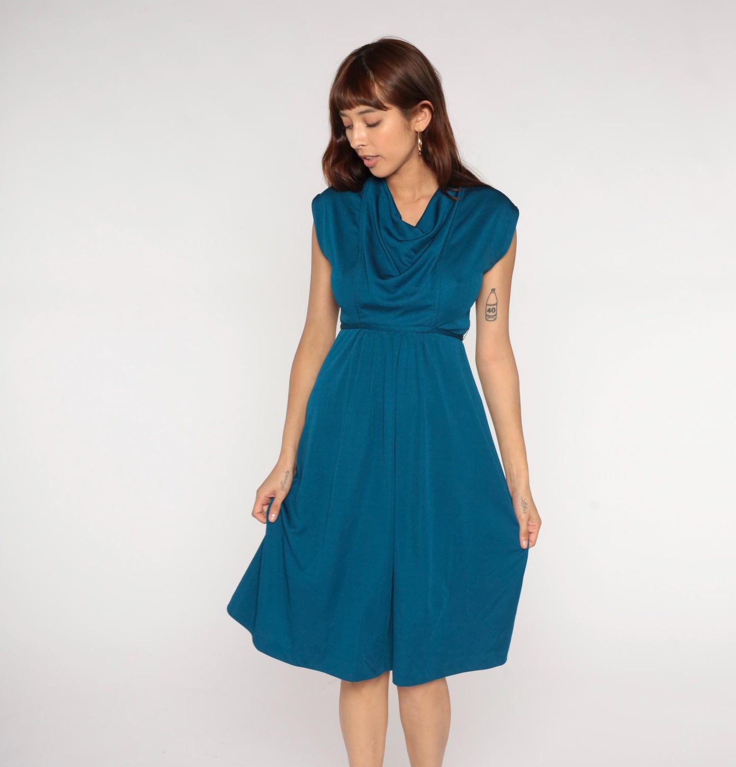 70s Teal Cowl Neck Midi Dress Empire Waist A-line Sleeveless Small