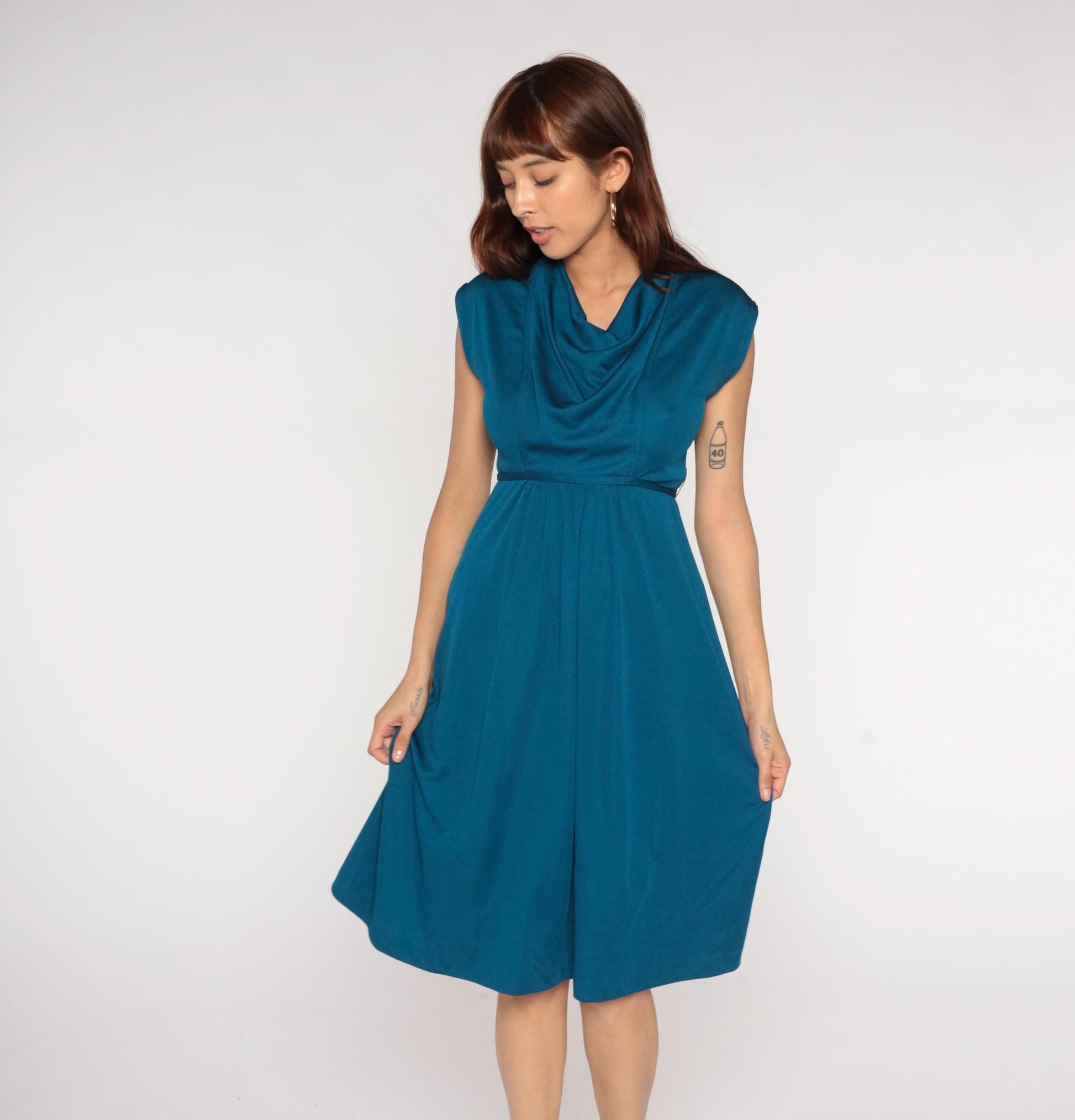 70s Teal Cowl Neck Midi Dress Empire Waist A-line Sleeveless Small