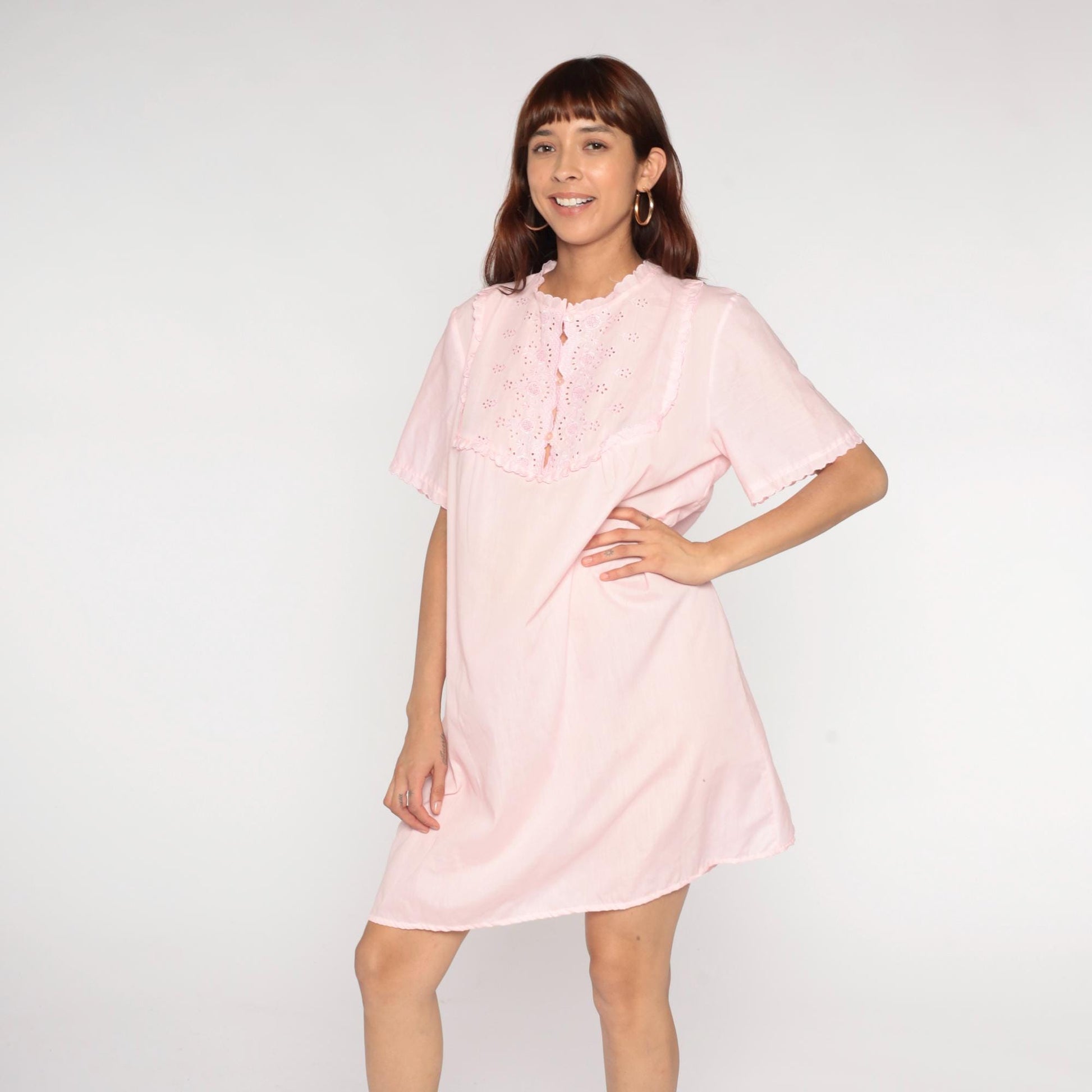 80s Miss Broadway Pink Eyelet Lace Nightgown Button Front Short Sleeve Large