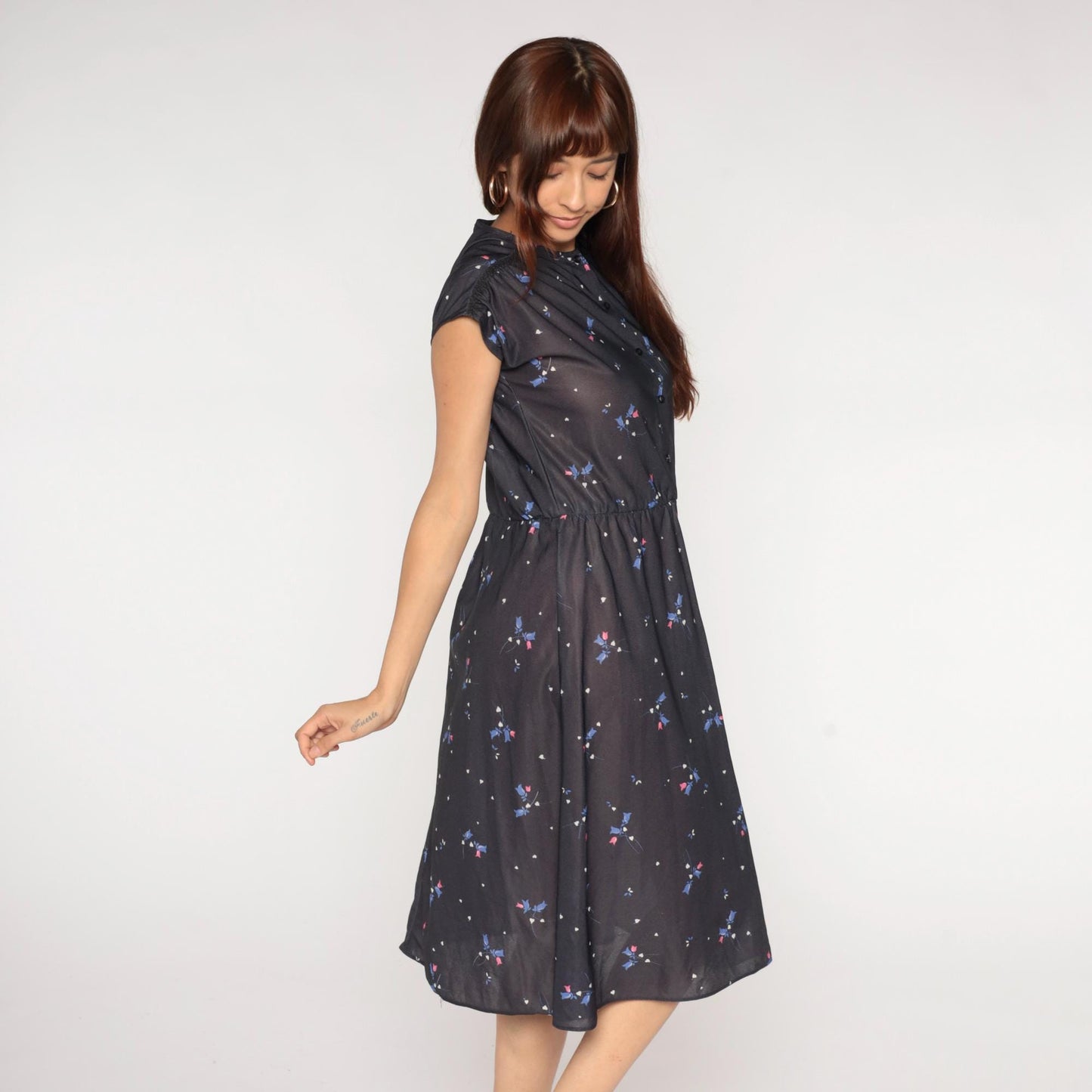 70s Grissom Lane Floral Midi Dress Black Button-Front Empire Waist Large