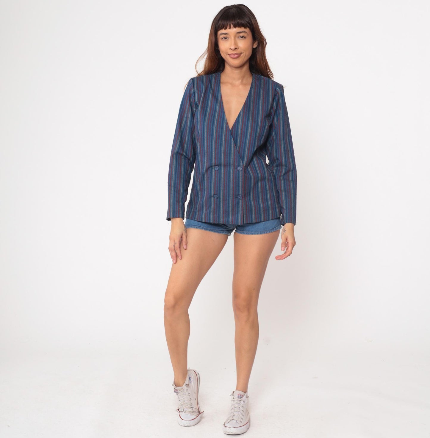 80s You Babes Striped Double-Breasted Blazer Blue Purple Red Medium M