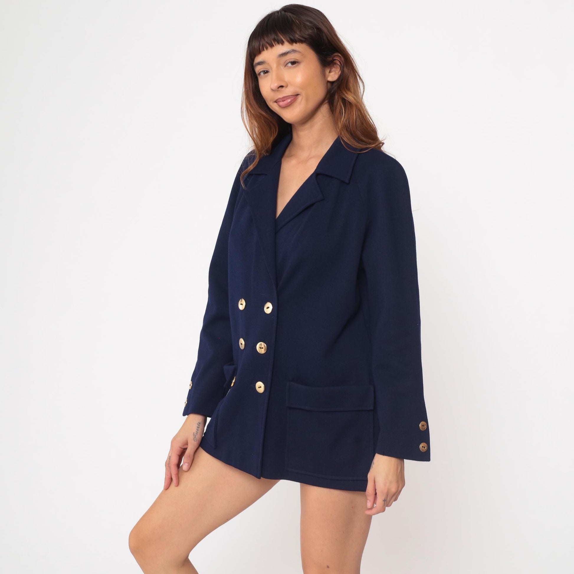 70s Marchesa di Grasy Navy Wool Blazer Double Breasted Gold Buttons Medium M