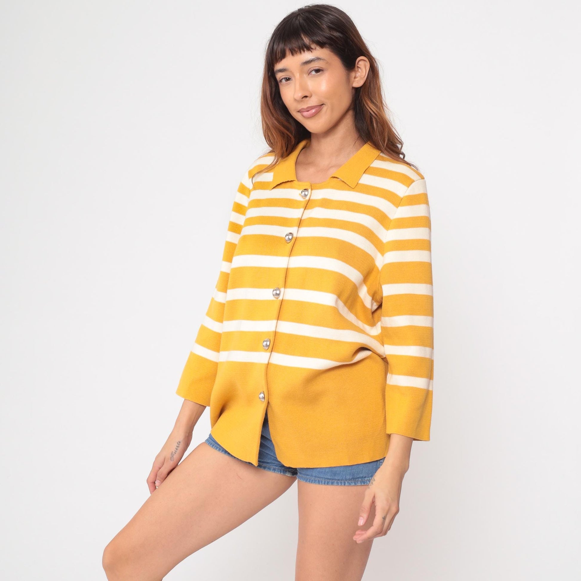 Y2K Liz Claiborne Mustard Striped Cardigan Pointed Collar Large L