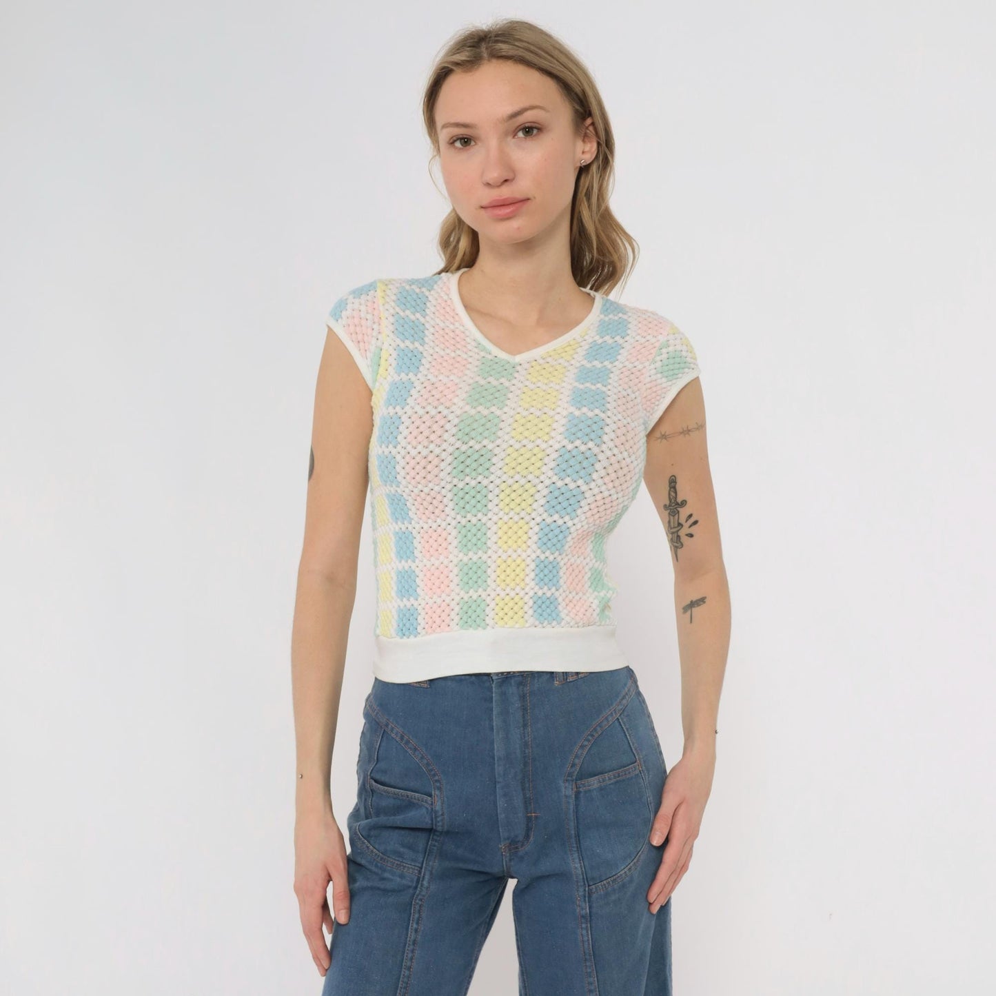 70s Pastel Checkered Mesh Crop Top V-Neck Cap Sleeve Pink Blue Yellow Mint Small