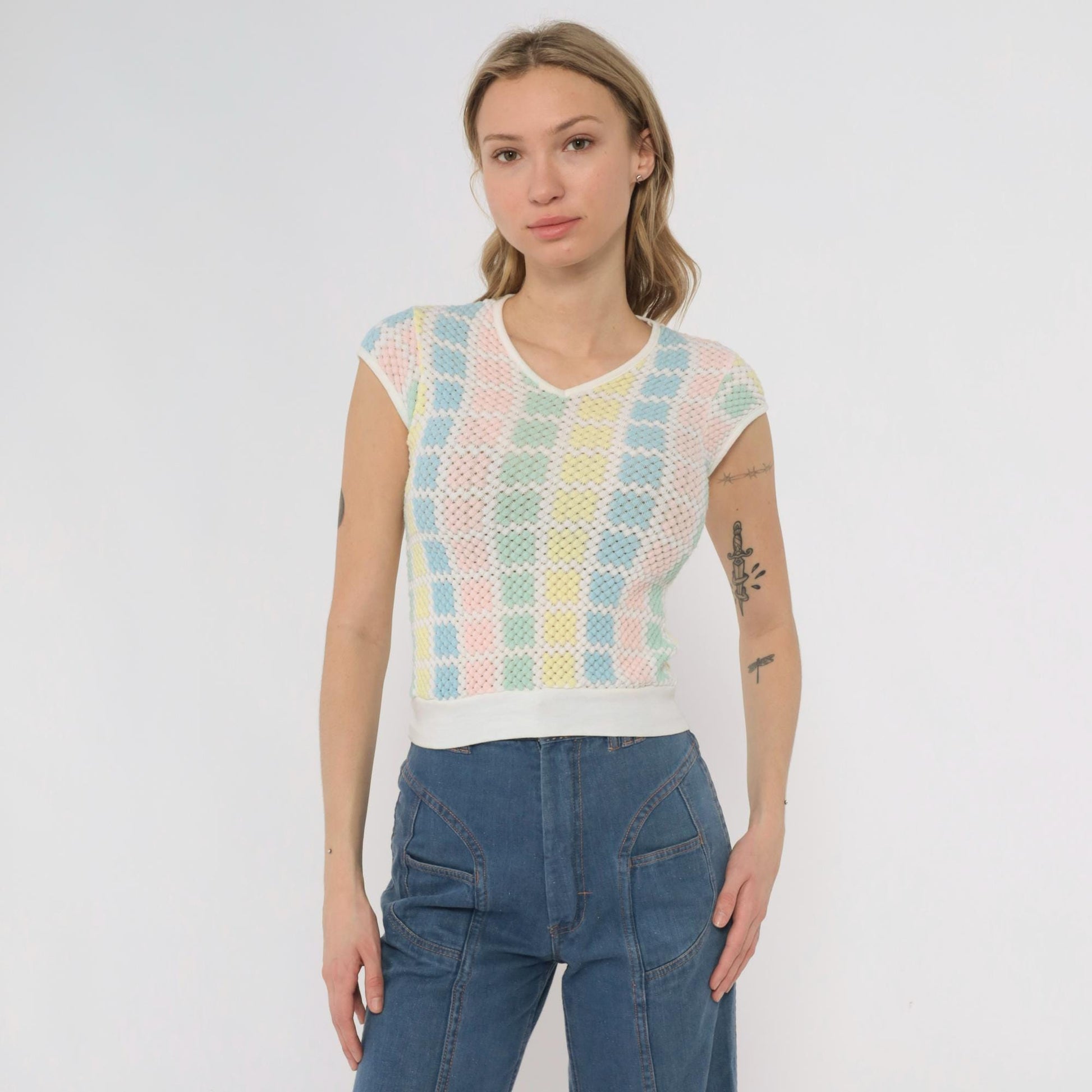 70s Pastel Checkered Mesh Crop Top V-Neck Cap Sleeve Pink Blue Yellow Mint Small