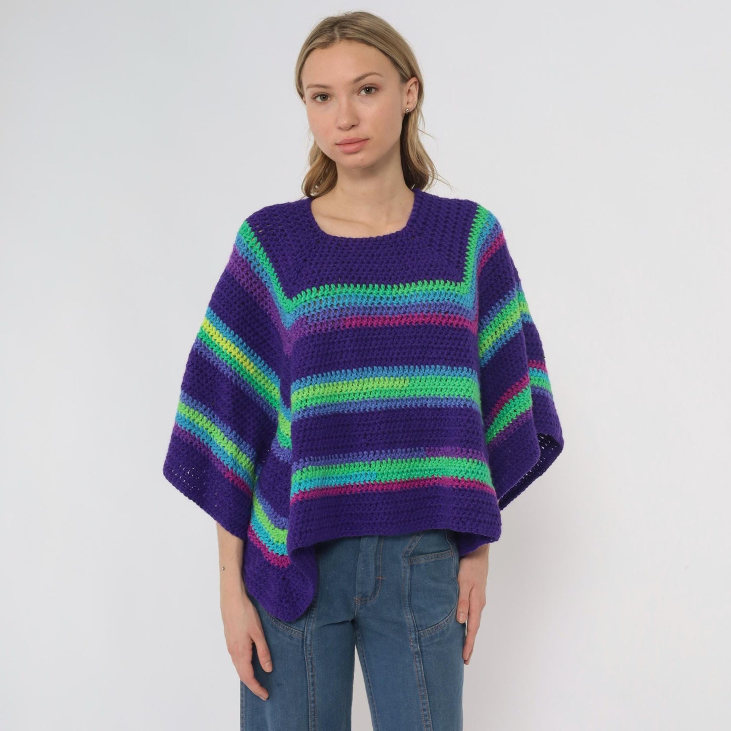 90s Purple Crochet Poncho Rainbow Stripe Square Neck One Size