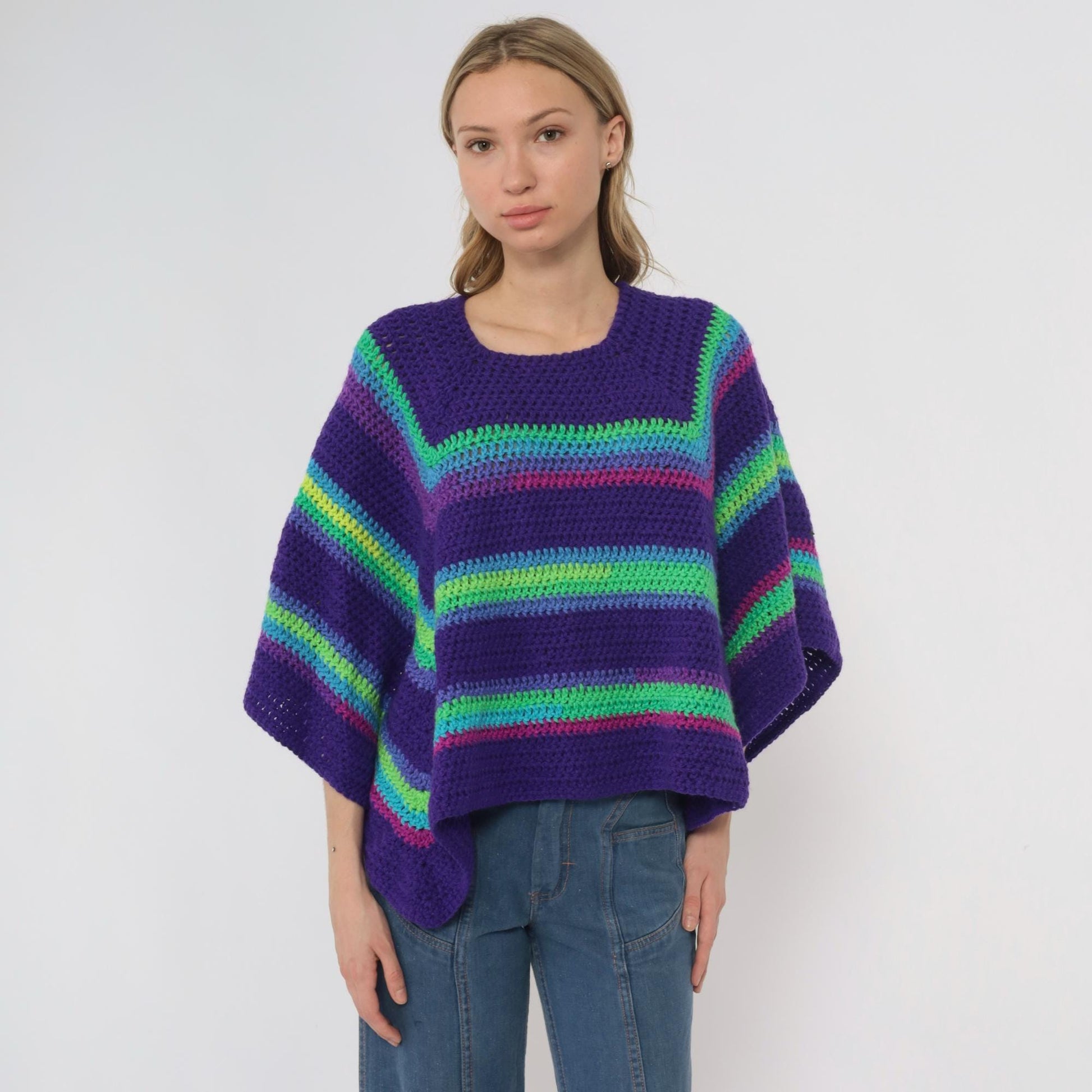 90s Purple Crochet Poncho Rainbow Stripe Square Neck One Size