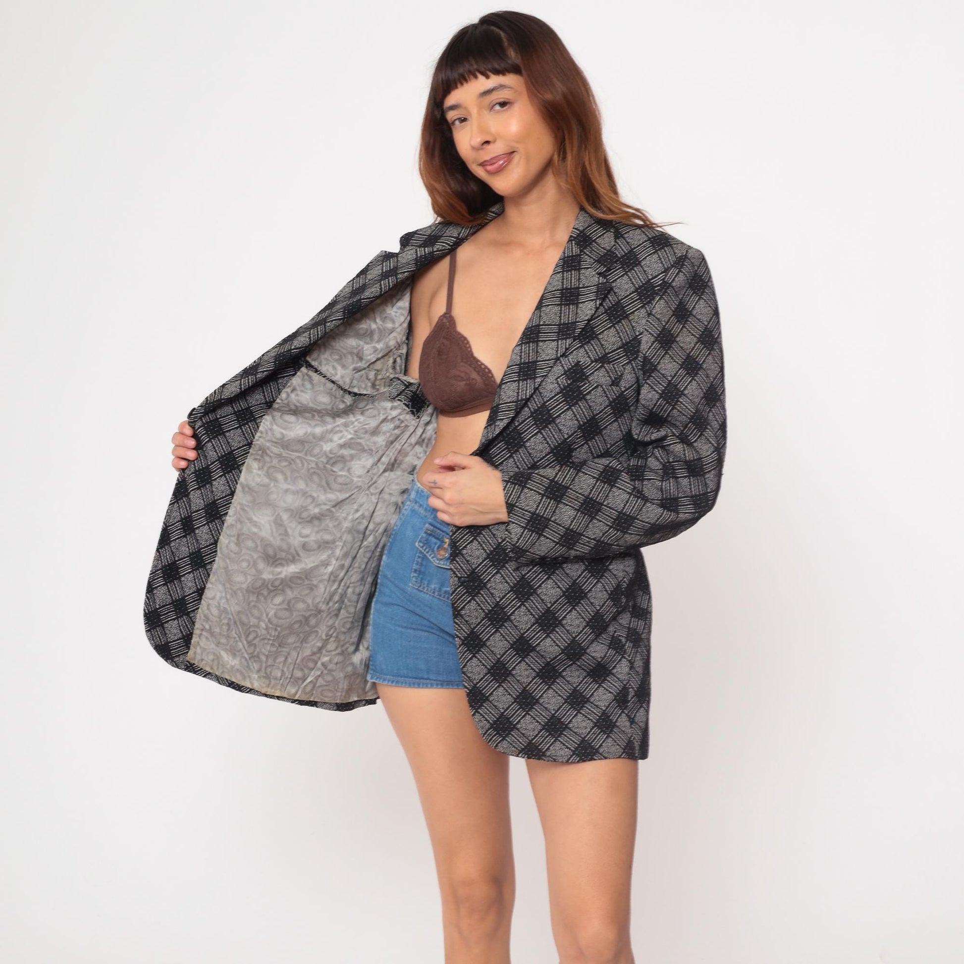70s Black Gray Diagonal Plaid Blazer Notch Collar Button Front Medium