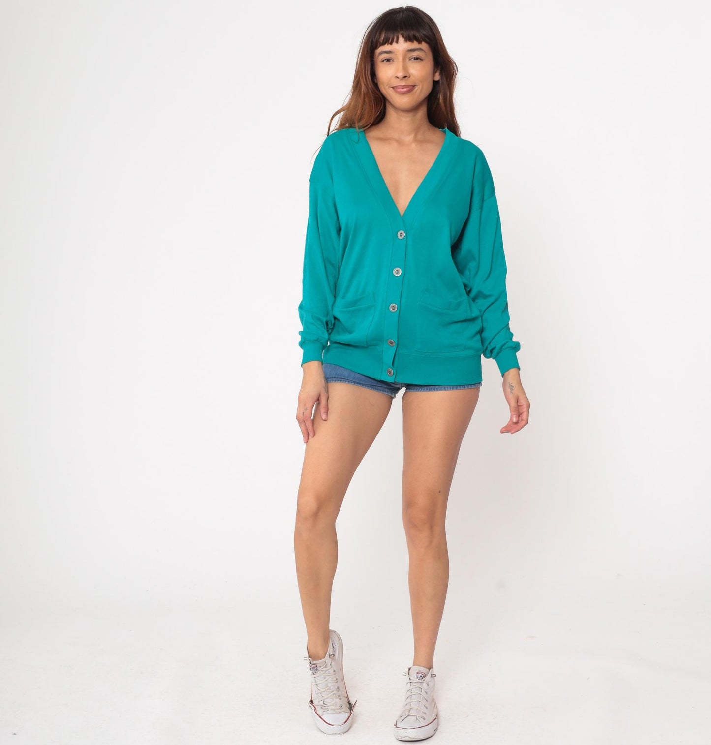 90s Teal Deep V-Neck Cardigan Cotton Blend Silver Buttons Pockets Small