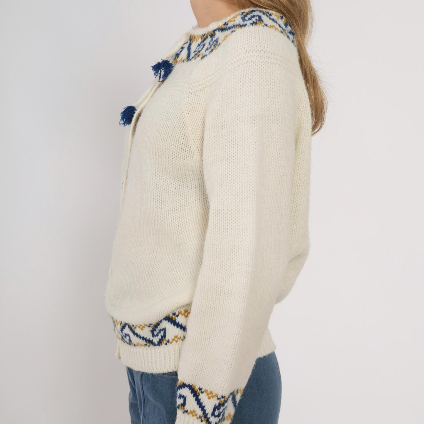 70s Nordic Folk Cardigan Cream Blue Gold Pattern Button Front Medium