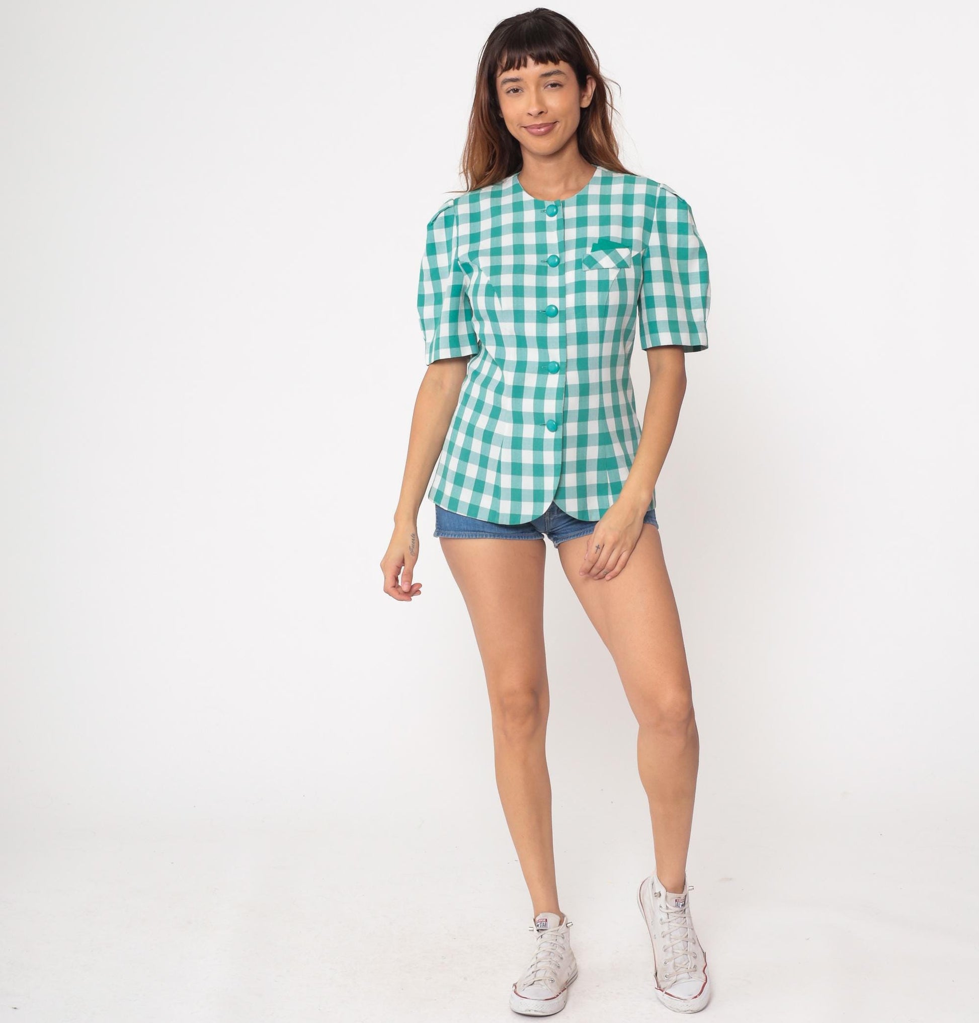 90s Via Sant Andrea Teal Gingham Button Up Blouse Short Puff Sleeve Medium
