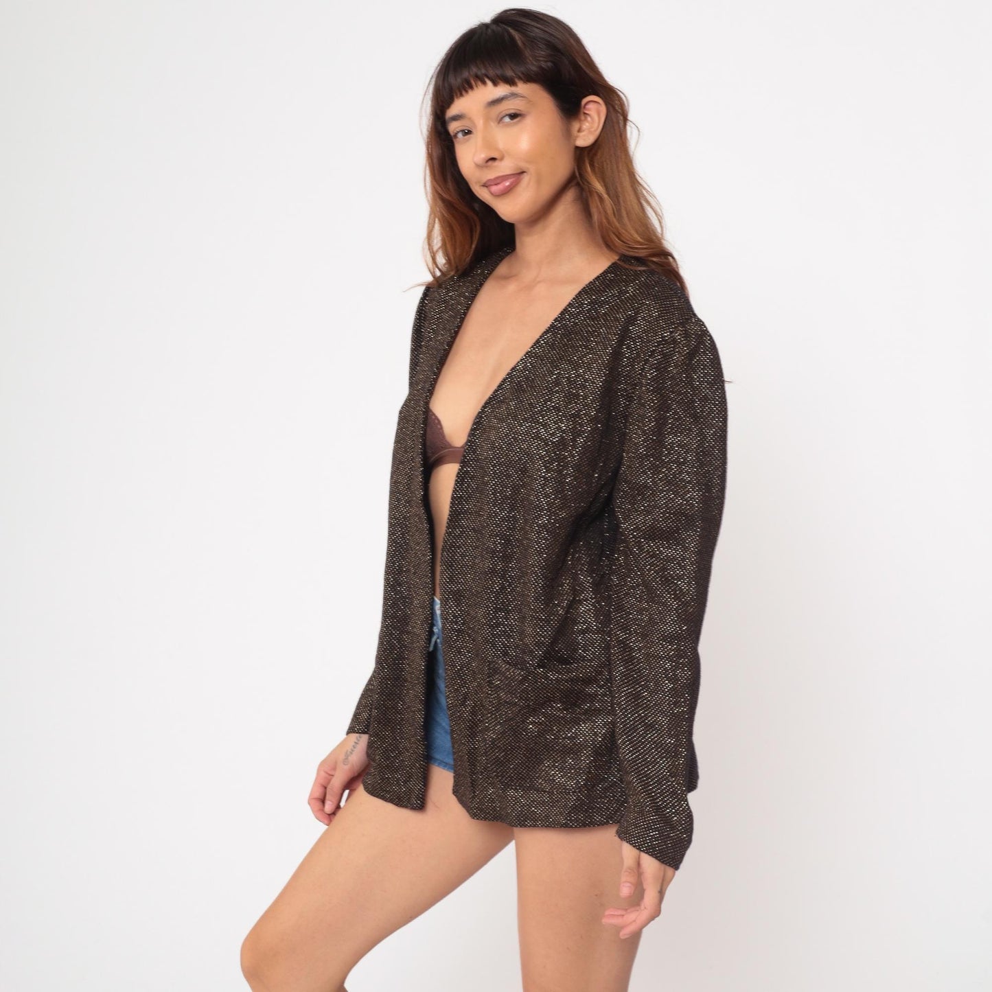 80s Lady Devon Black Gold Metallic Blazer V-Neck Open Front Medium