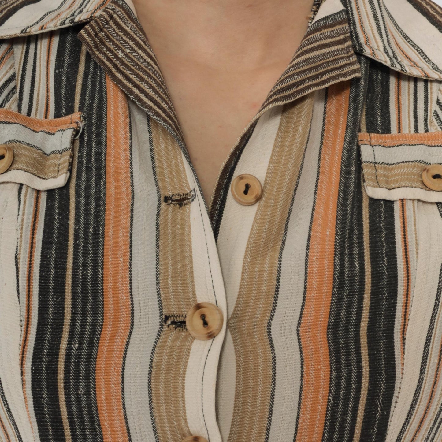 70s Earth Tone Striped Button-Front Blouse Cap Sleeve Pointed Collar XS
