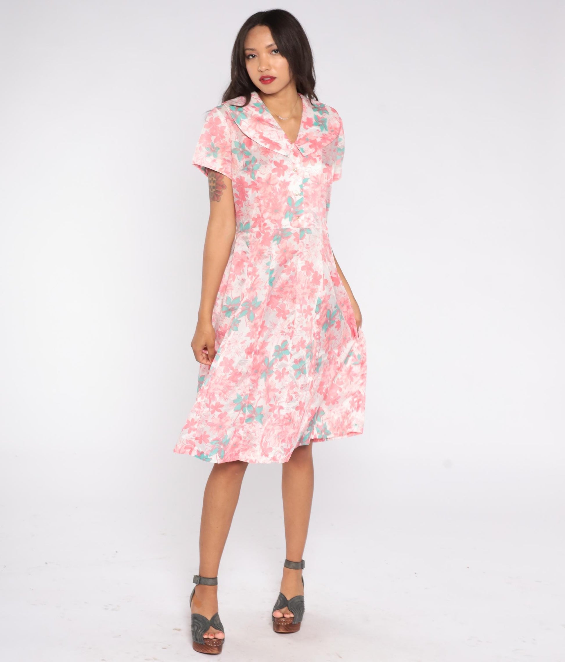 60s Mode O Day Floral Shirt Dress Pink Mint Midi Large L