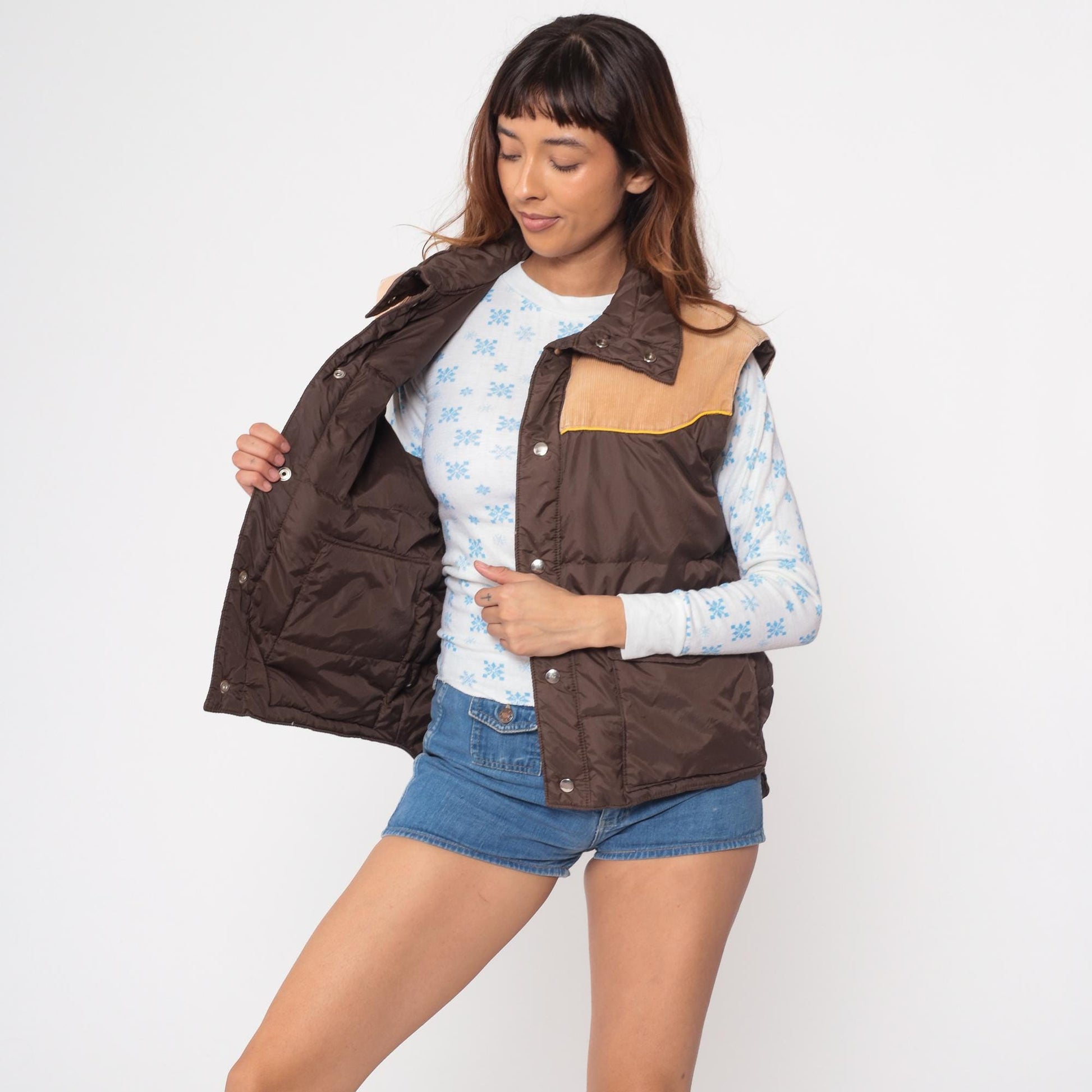 70s Down Hill Western Puffer Vest Brown Corduroy Nylon Snap Front Medium