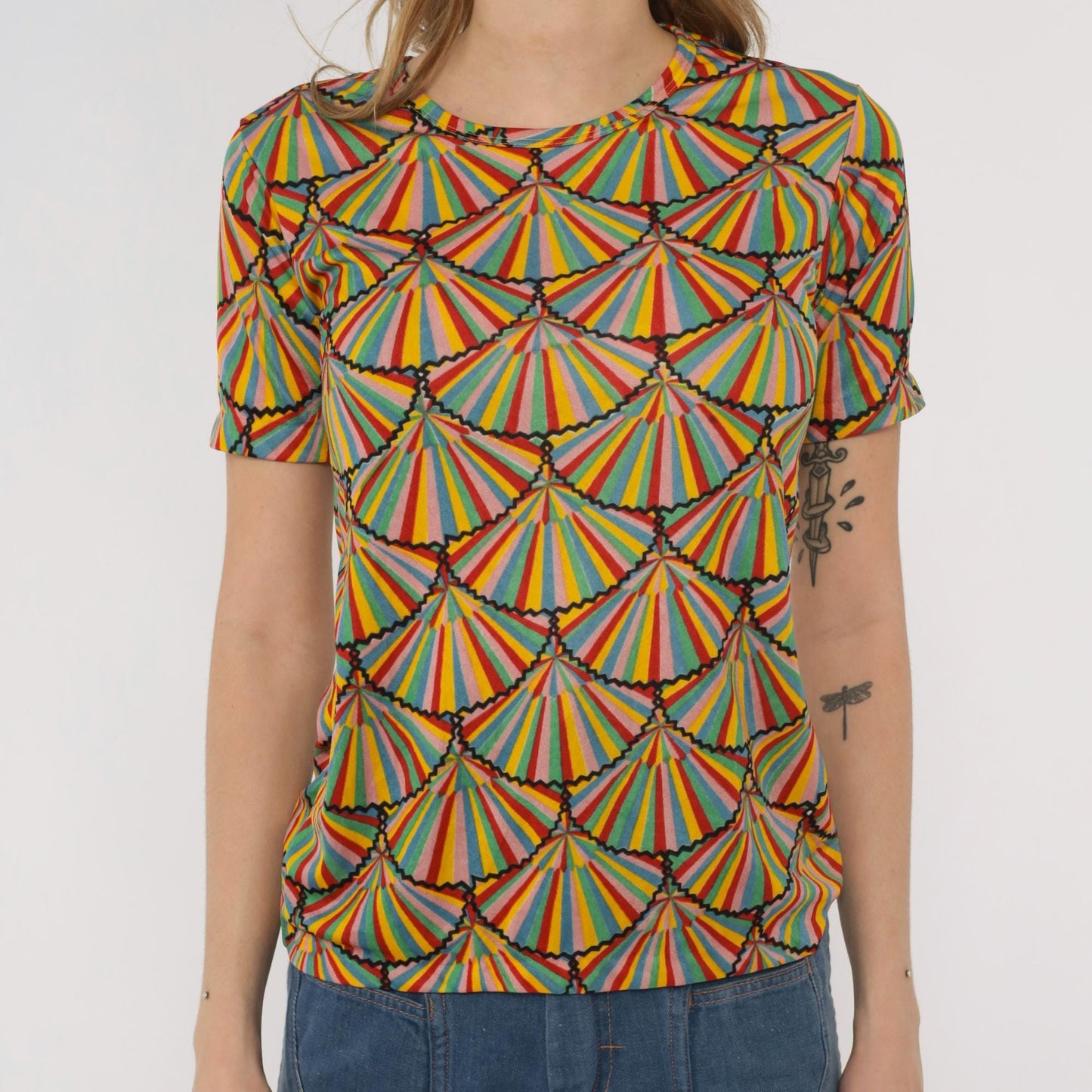 70s Helen Sue Rainbow Geometric Fan Print Nylon Tee Crew Neck Medium