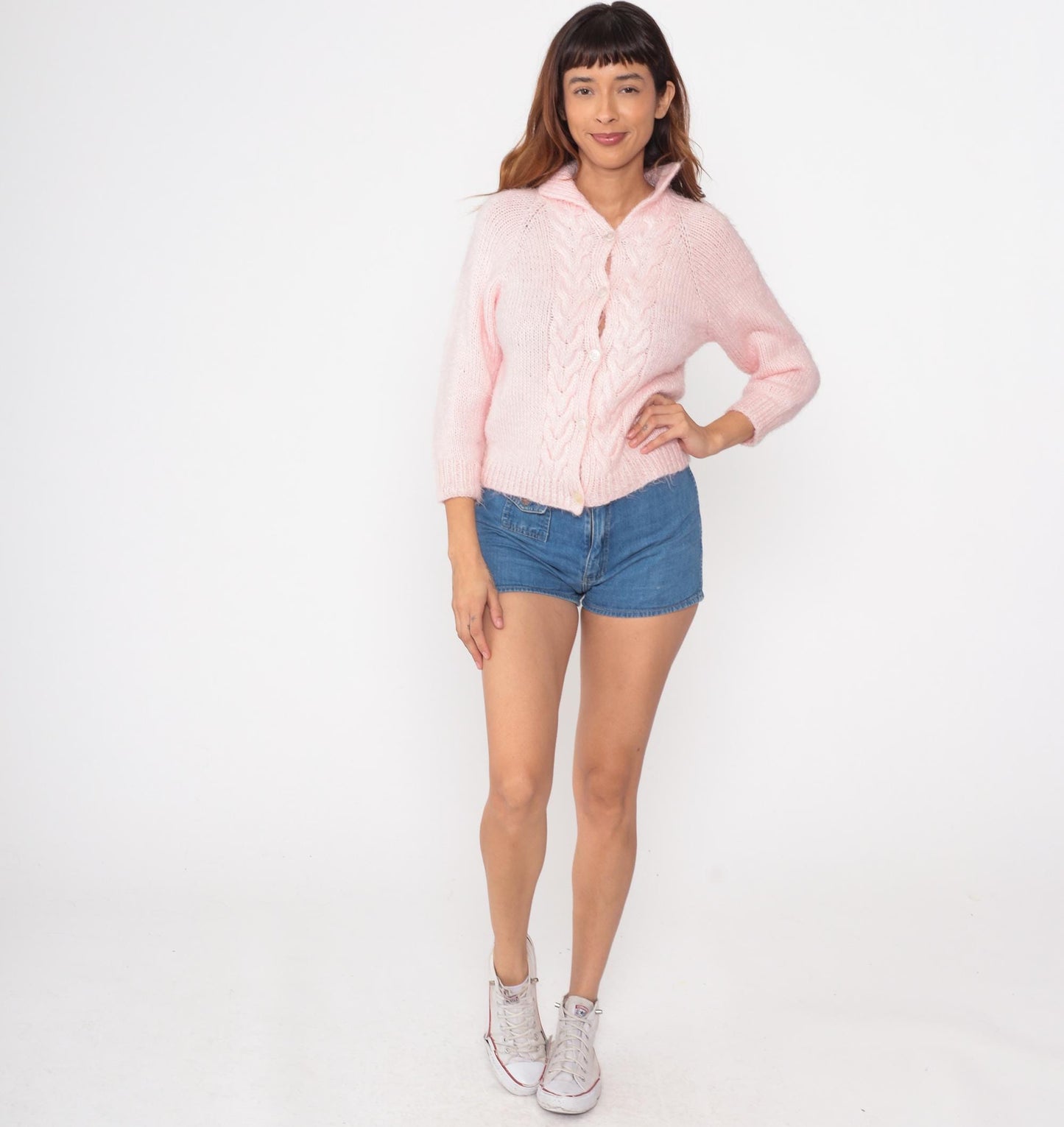 80s Pink Cable Knit Cardigan Cropped Three-Quarter Sleeve Small